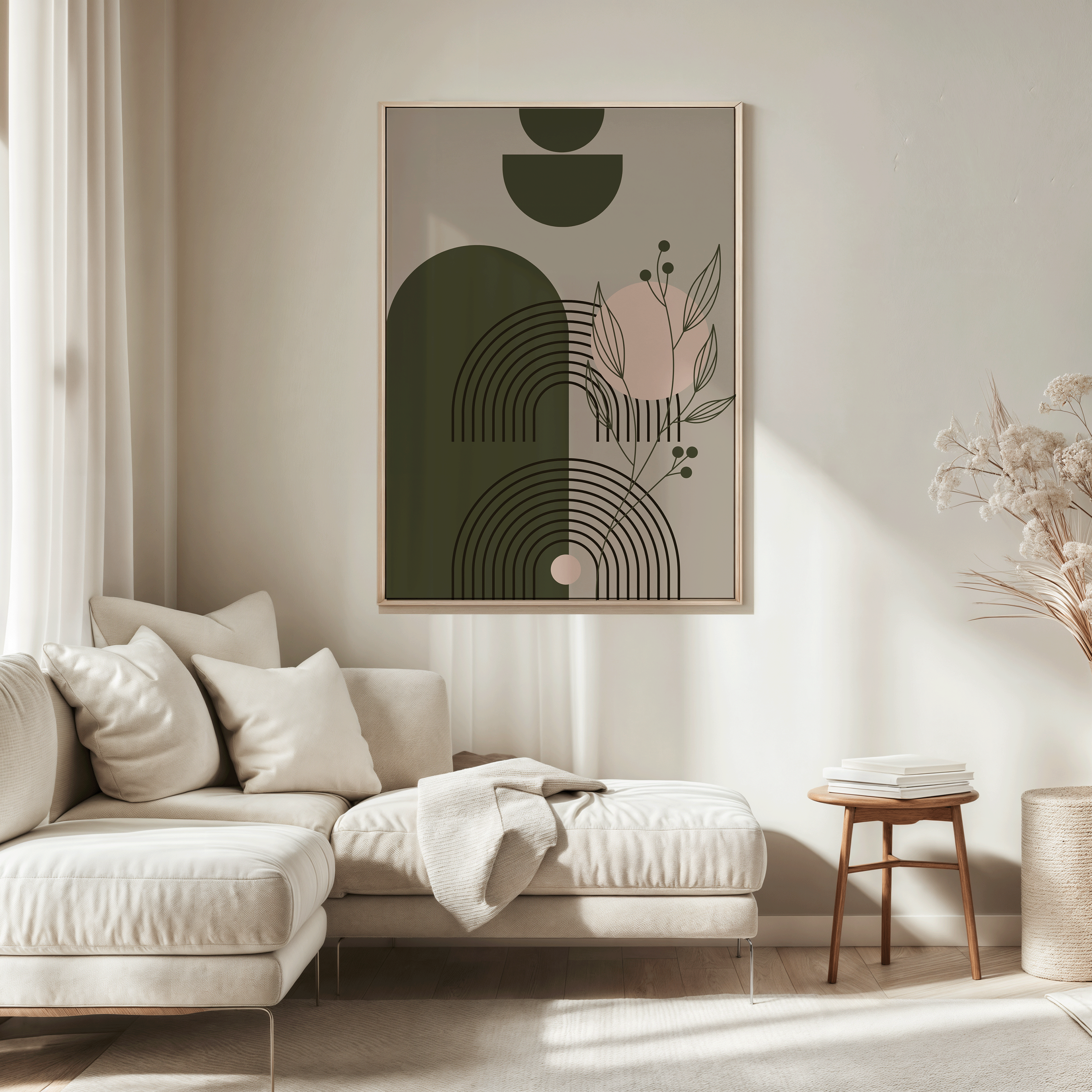 Abstract Mid Century Modern Wall Art | Canvas Art, Art Prints & Framed Canvas, geometric shapes, minimal lines, arches rainbows, circles half circles, flower botanical design, living room dining room hallway art, set of 2, set of 3, desenio, beige dark green taupe neutral nude 