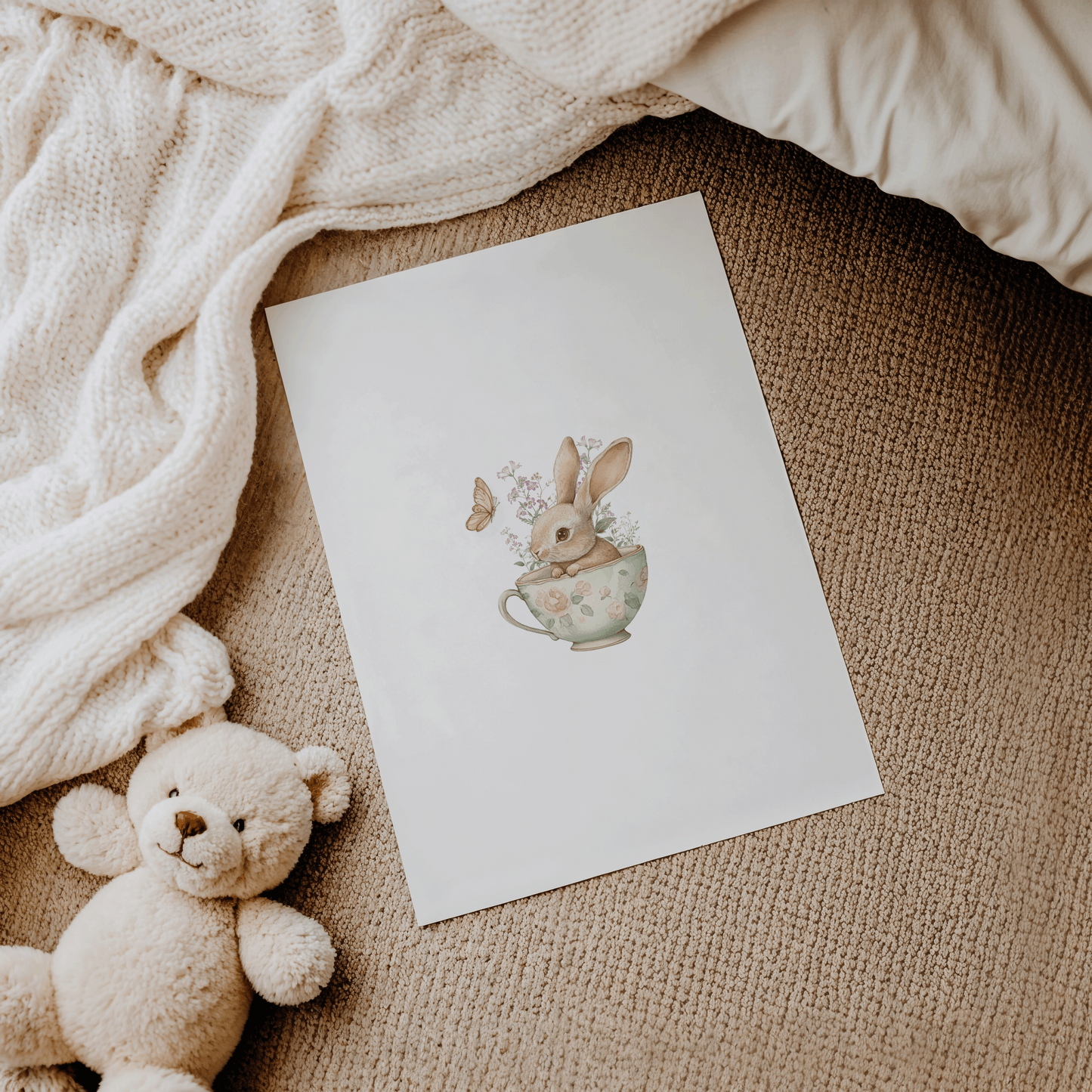 Bunny Nursery Art | Canvas Art, Art Prints & Framed Canvas, boho vintage bunny rabbit pink wildflowers butterfly poster print, toddler girl newborn kids baby bedroom nursery playroom canvas wall art framed, antique tea cup floral botanical print, white background, trendy chic easter baby shower gift, newborn baby gift idea, first birthday gift idea