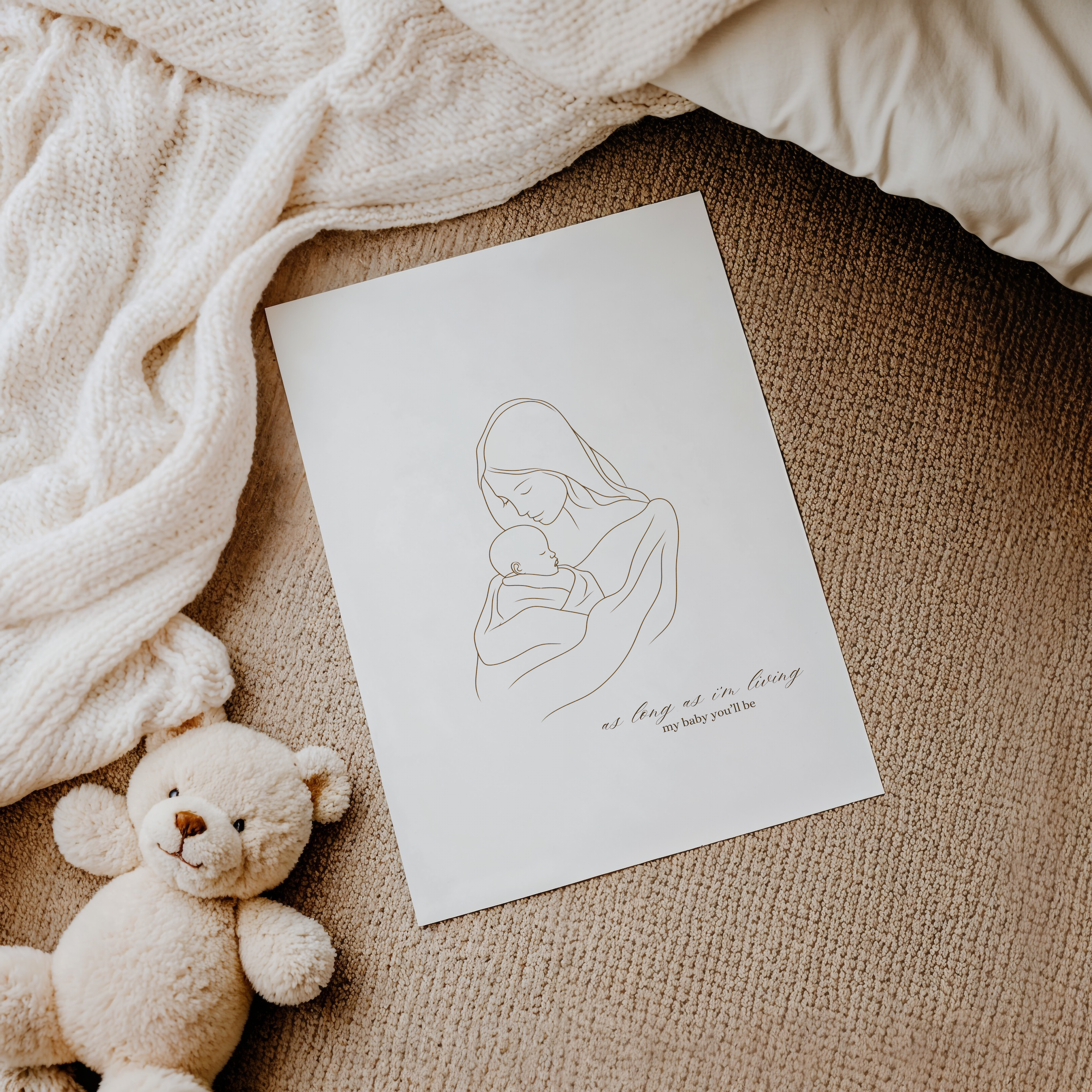 Mother and Baby Line Art for Nursery | Canvas Art, Art Prints & Framed Canvas, minimal line art sketch mother holding baby in arms, as long as i'm living my baby you'll be text, nursery boy girl kids bedroom newborn playroom wall decor