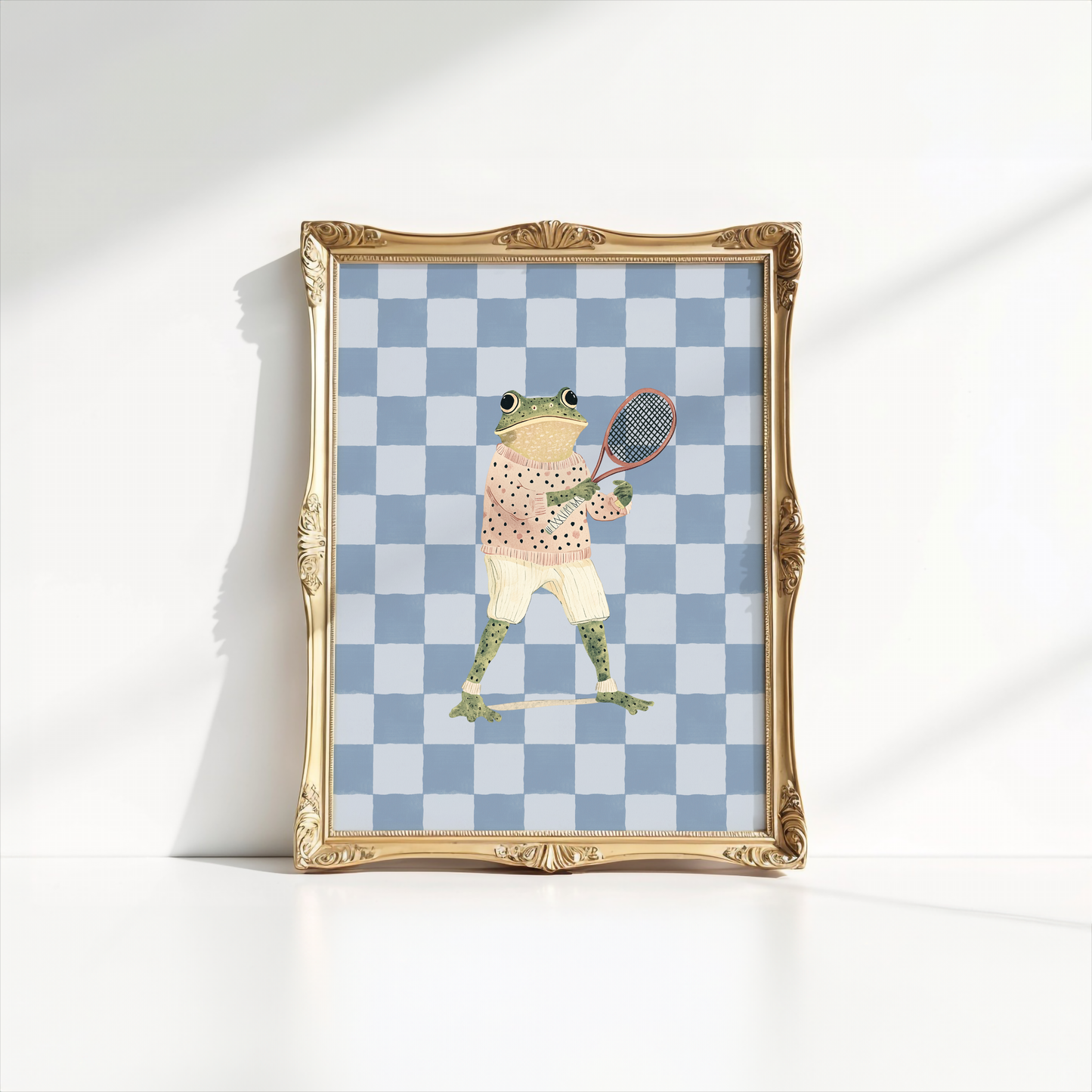 Frog nursery Wall Art | Canvas Art, Art Prints & Framed Canvas, vintage retro boho blue checkered background preppy frog holding tennis racquet, zoo animal jungle nursery kids room playroom canvas wall art, set of 2, set of 3 nursery prints