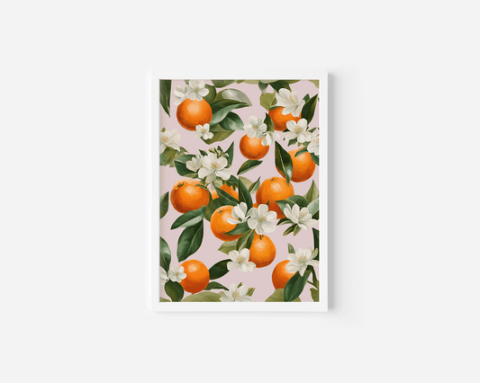 Oranges Wall Art Print | Canvas Art, Art Prints & Framed Canvas, watercolor orange fruit market mediterranean greece italy citrus canvas wall art poster print, oranges white flowers botanical green leaves collage with blush pink background, kitchen dining room restaurant dorm bar cart wall art