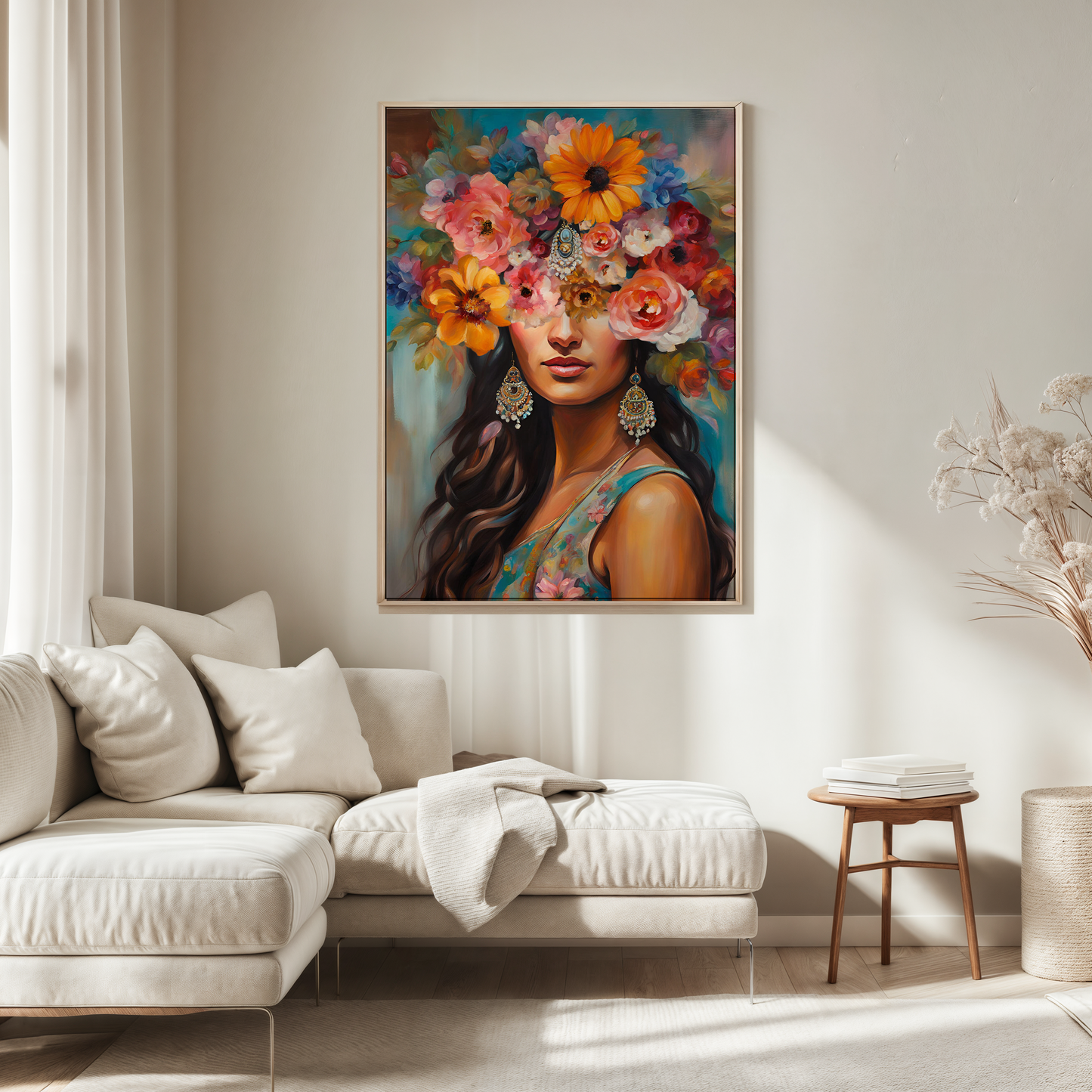 Girl With Flower Head | Canvas Art, Art Prints & Framed Canvas, indian woman, traditional indian lady with flowers on head, oil painting wall art