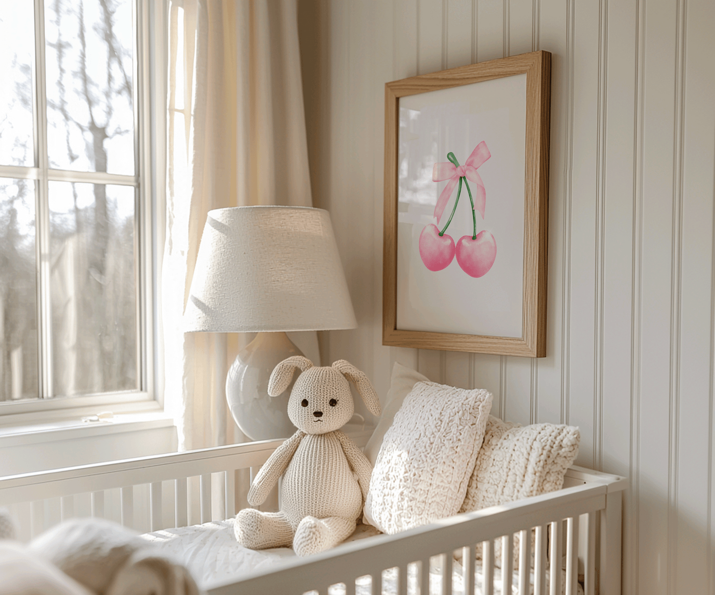 Cherry Bow Nursery Wall Art | Canvas Art, Art Prints & Framed Canvas, watercolor pink cherries coquette bow, newborn baby girl nursery bedroom play room dorm canvas wall art prints, set of 2, set of 3