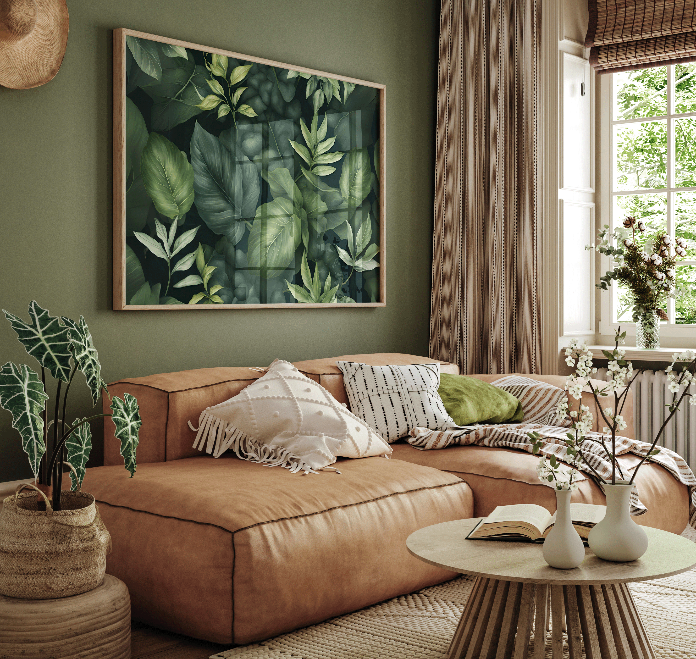 Green Monstera Canvas Print | Canvas Art, Art Prints & Framed Canvas, botanical emerald green leaves collage canvas wall art for living room bedroom bathroom nature inspired landscape wall art print