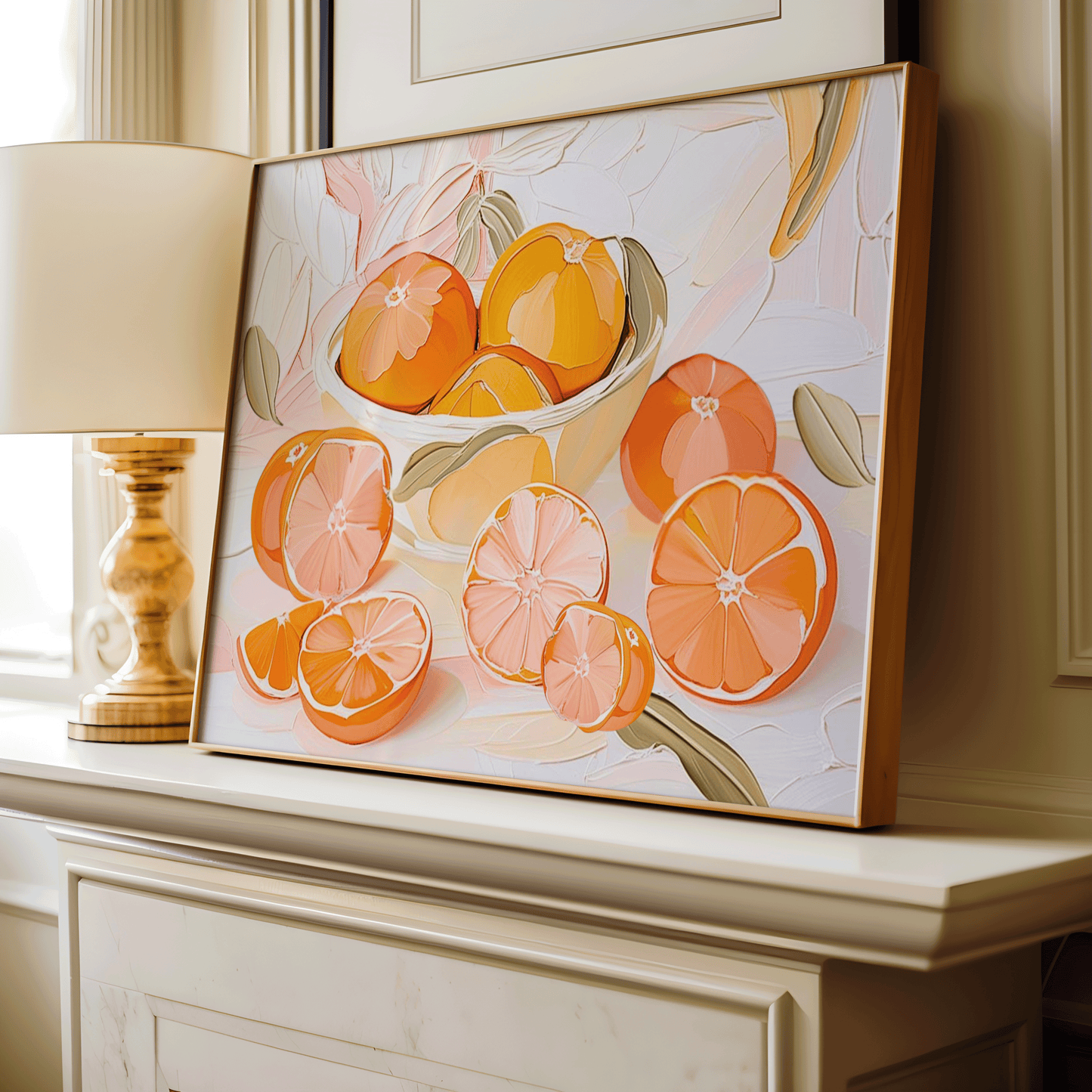 Citrus Fruit Wall Art | Canvas Art, Art Prints & Framed Canvas, orange, bloody orange, lemon, pink, peach, white, green oil painting canvas wall art, kitchen, bar cart, dining room, still life, restaurant, meditteranean fruit wall art