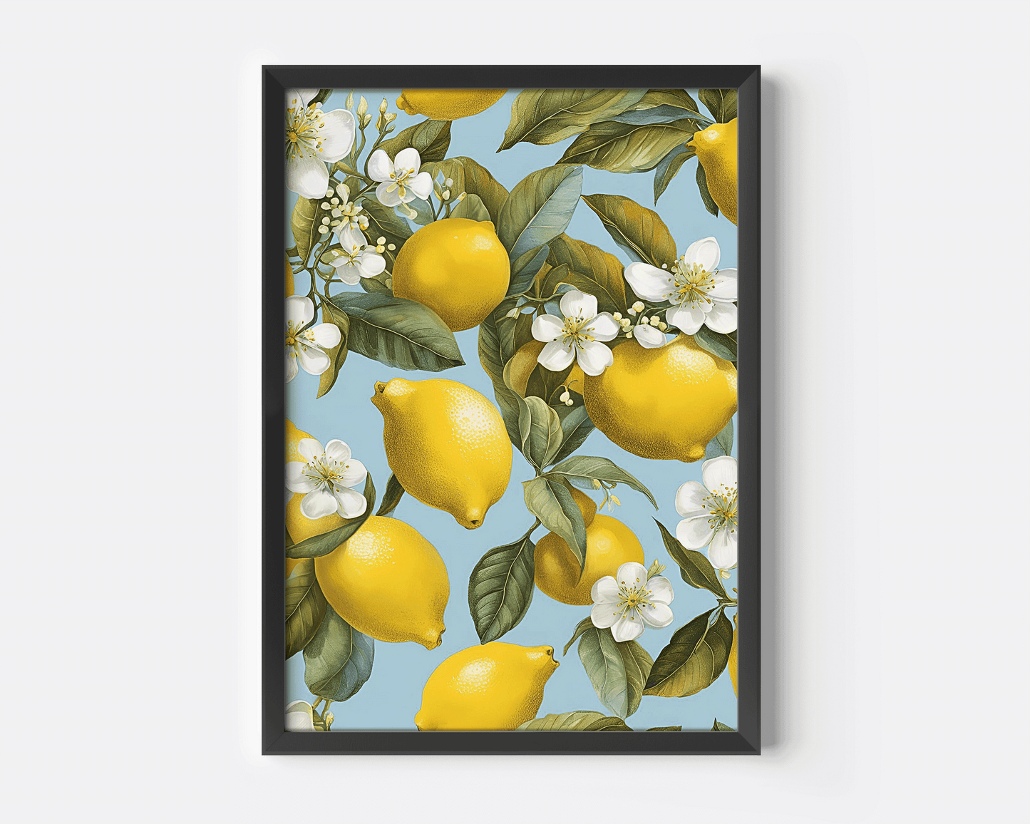 Mediterranean Lemon Wall Art | Canvas Art, Art Prints & Framed Canvas, citrus lemon yellow white flowers botanical green leaves baby blue background, greece italy santorini amalfi coast canvas wall art, restaurant kitchen bar cart prints 