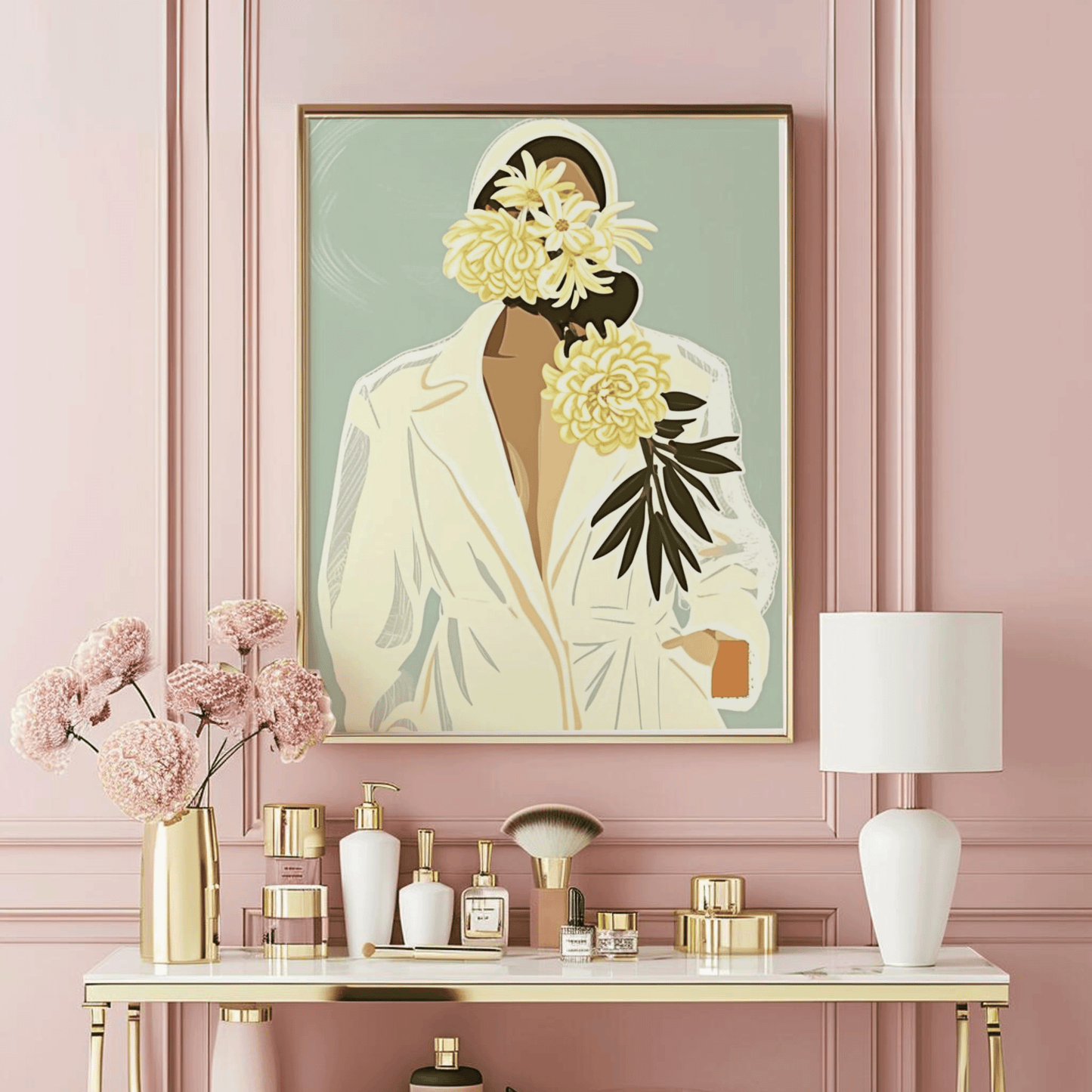 Painting Woman on Canvas | Canvas Art, Art Prints & Framed Canvas, vintage retro trendy women girl green yellow flower botanical floral green leaves. blazer showing some skin and a mint green background, canvas wall art for feminine bedroom, bathroom living room