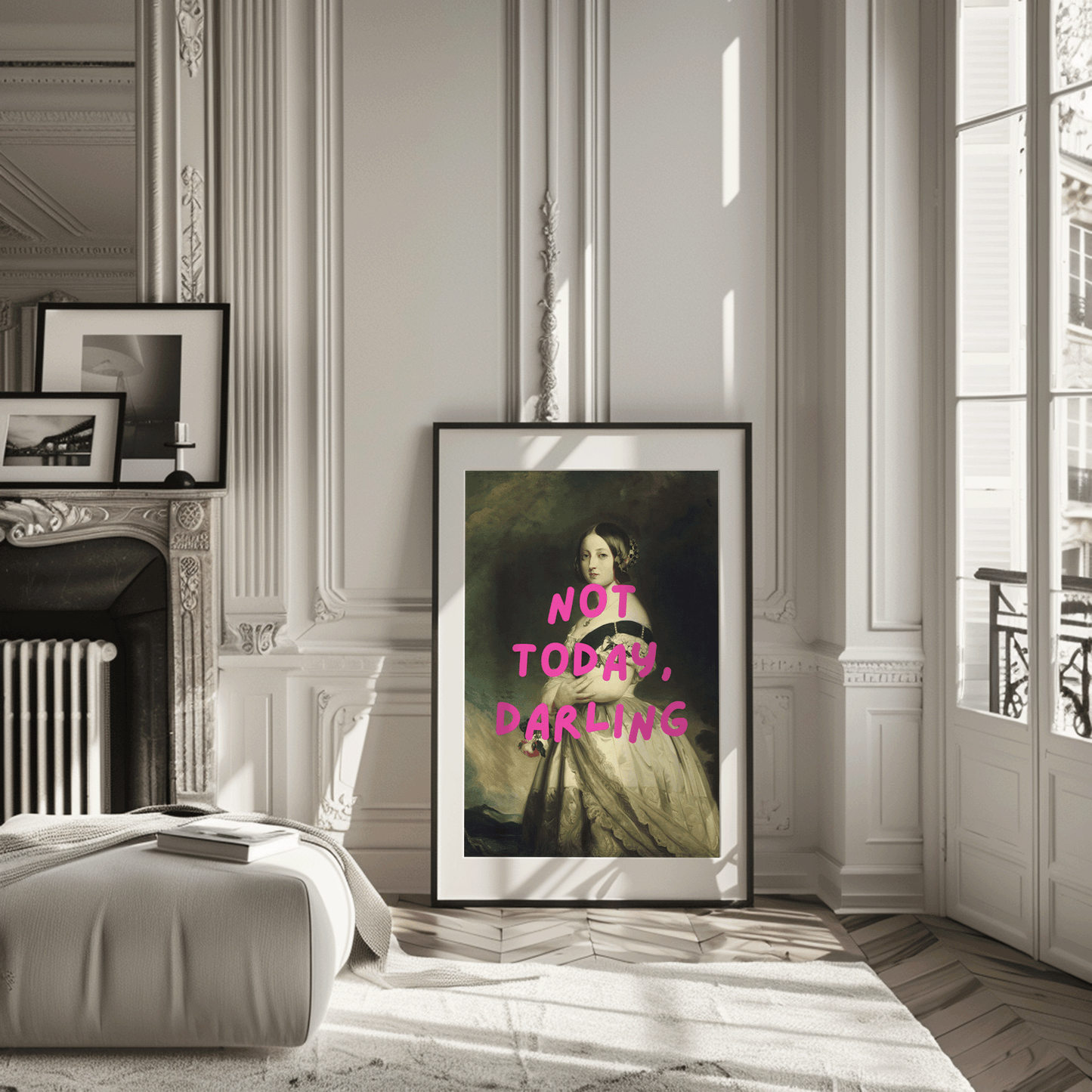 Vintage-style portrait of a woman in an elegant gown with bold pink text reading “Not Today, Darling” — funny wall art print for modern spaces. marie Antoinette altered rococo-inspired renaissance art of a victorian woman. black framed canvas wall art print for home office or bedroom or living room.