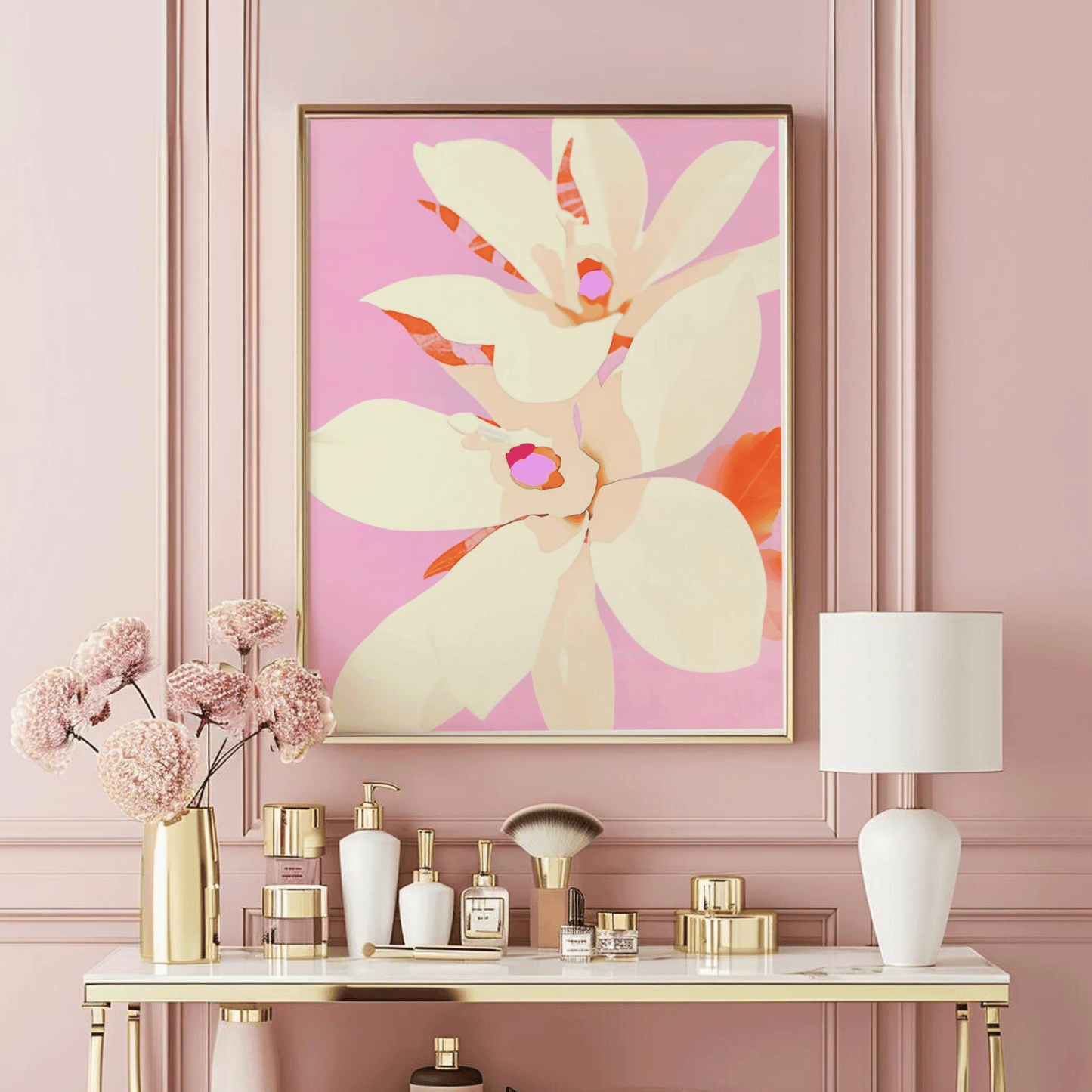 Pink and Orange Botanical Artwork | Canvas Art, Art Prints & Framed Canvas, retro vintage illustration, watercolor floral flowers beige white pink orange living room bedroom modern minimal canvas wall decor poster print