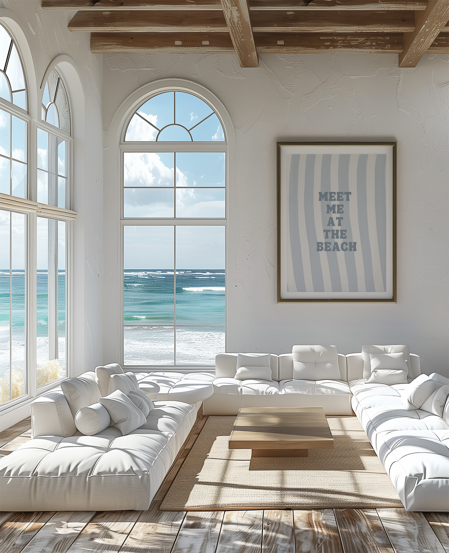 Meet Me at the Beach Wall Art | Canvas Art, Art Prints & Framed Canvas, blue white striped summer nautical beach typography canvas wall art, cottage beach house vacation home wall art prints, fun trendy minimal print