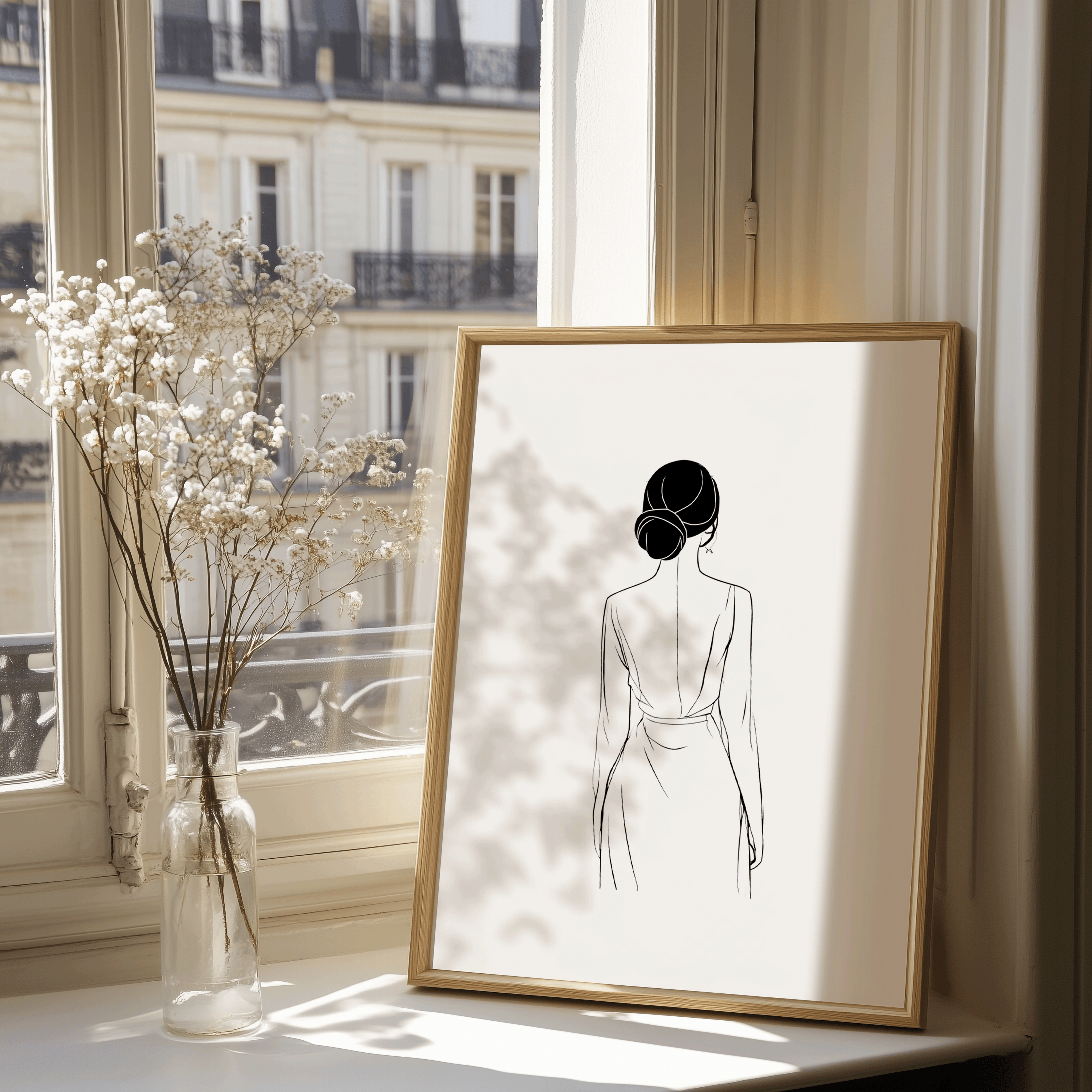 Black and White Minimalist Wall Art | Canvas Art, Art Prints & Framed Canvas, line art sketch of a feminine woman with a low bun, modern minimal canvas wall art print for living room or bedroom