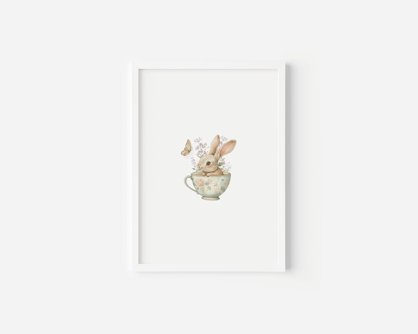 Bunny Nursery Art | Canvas Art, Art Prints & Framed Canvas, boho vintage bunny rabbit pink wildflowers butterfly poster print, toddler girl newborn kids baby bedroom nursery playroom canvas wall art framed, antique tea cup floral botanical print, white background, trendy chic easter baby shower gift, newborn baby gift idea, first birthday gift idea