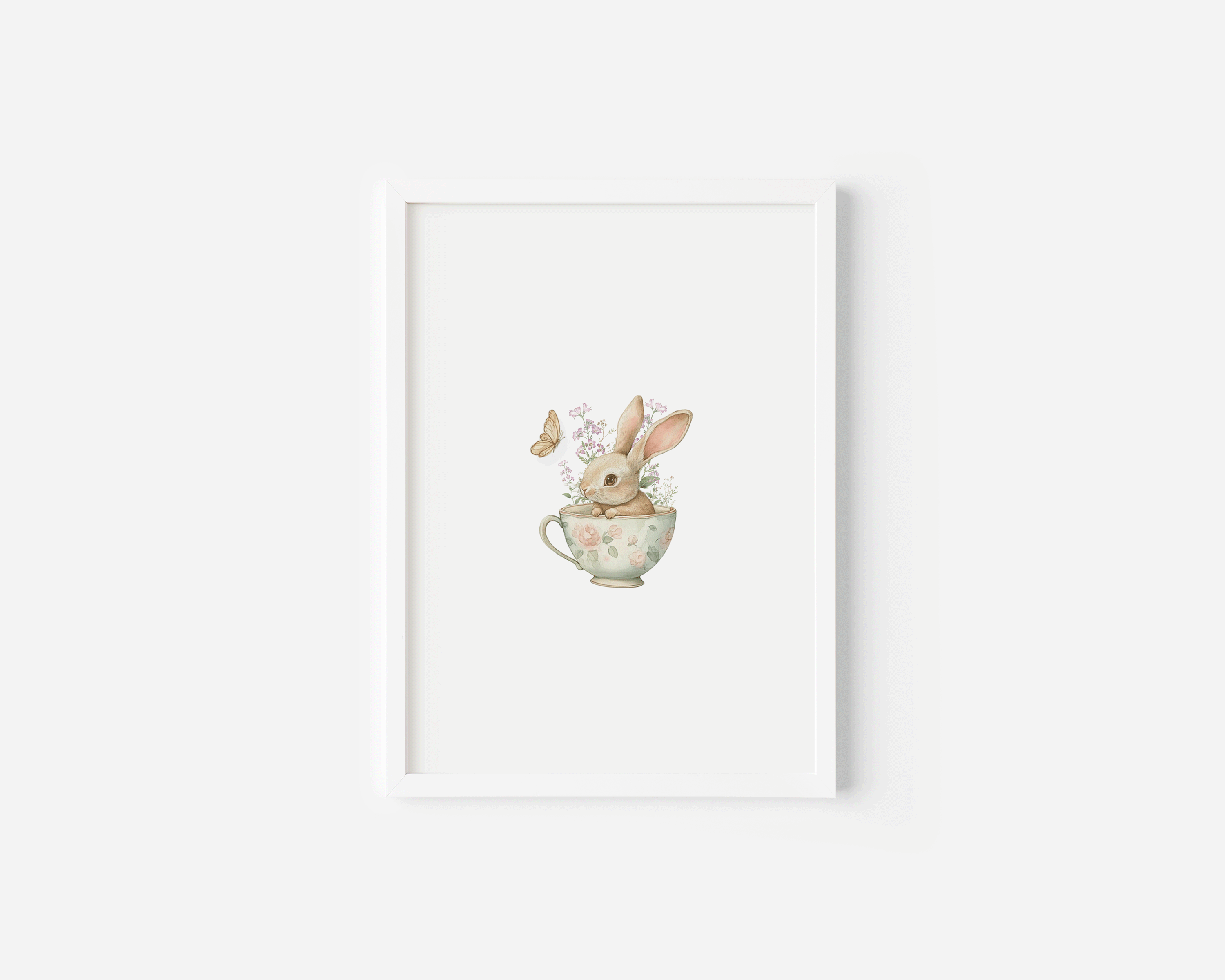 Bunny Nursery Art | Canvas Art, Art Prints & Framed Canvas, boho vintage bunny rabbit pink wildflowers butterfly poster print, toddler girl newborn kids baby bedroom nursery playroom canvas wall art framed, antique tea cup floral botanical print, white background, trendy chic easter baby shower gift, newborn baby gift idea, first birthday gift idea