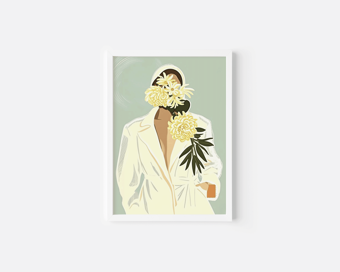 Painting Woman on Canvas | Canvas Art, Art Prints & Framed Canvas, vintage retro trendy women girl green yellow flower botanical floral green leaves. blazer showing some skin and a mint green background, canvas wall art for feminine bedroom, bathroom living room