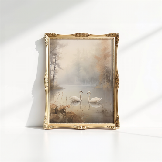 Vintage Lake Landscape Wall Art | Canvas Art, Art Prints & Framed Canvas, cottage core country farmhouse, white swans, misty foggy trees wildflowers nature antique canvas wall art for living room, bedroom, hallway