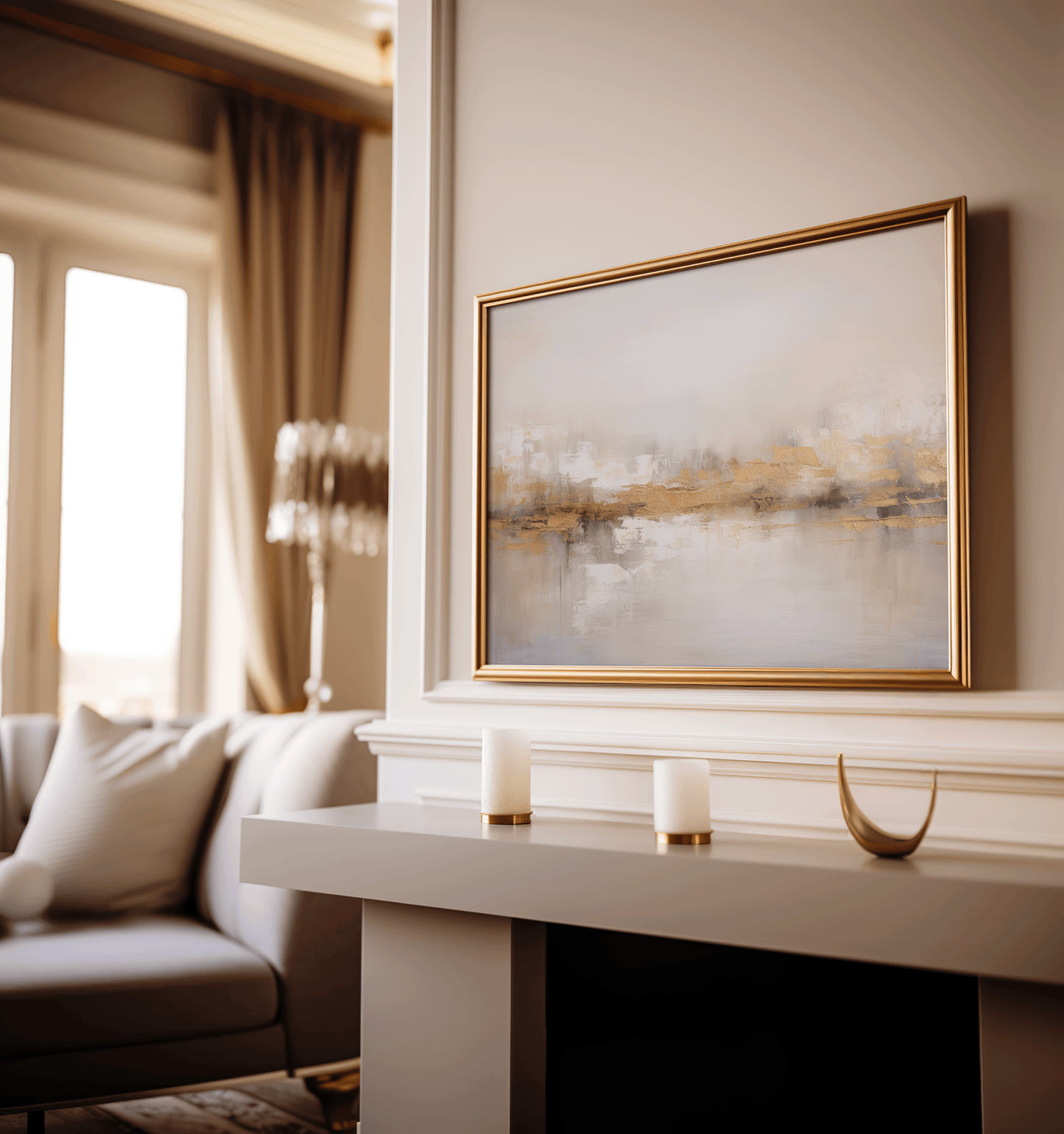 Neutral abstract painting with beige, white, taupe, and metallic gold accents — modern textured canvas wall art perfect for elegant home decor. over a fireplace