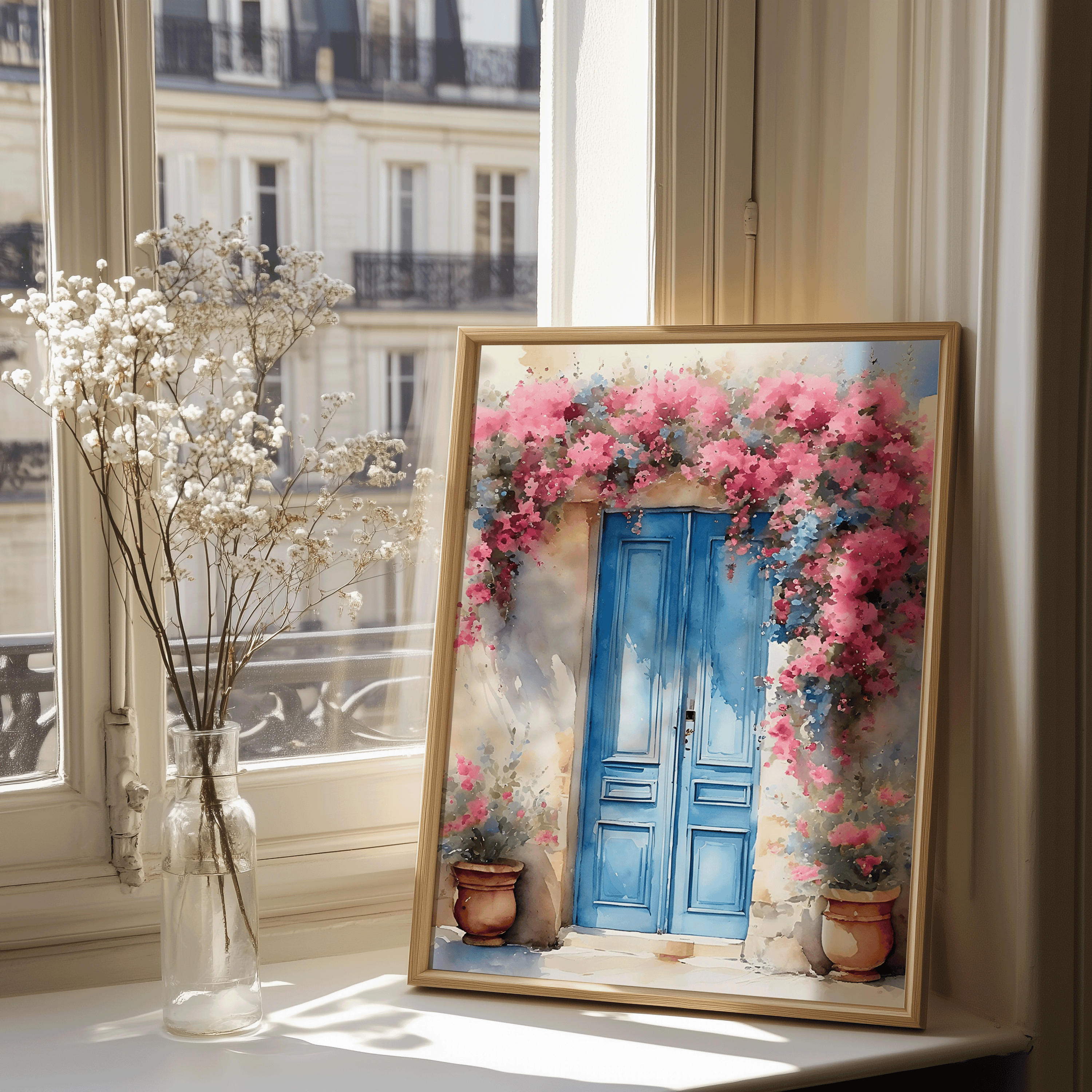 Blue Doors Pink Flowers Wall Art | Canvas Art, Art Prints & Framed Canvas, pink blooming bougainvillea flowers in Santorini, Greece, blue doors mediterranean, travel watercolor canvas wall art print, living room dining room bedroom cottage beach house prints