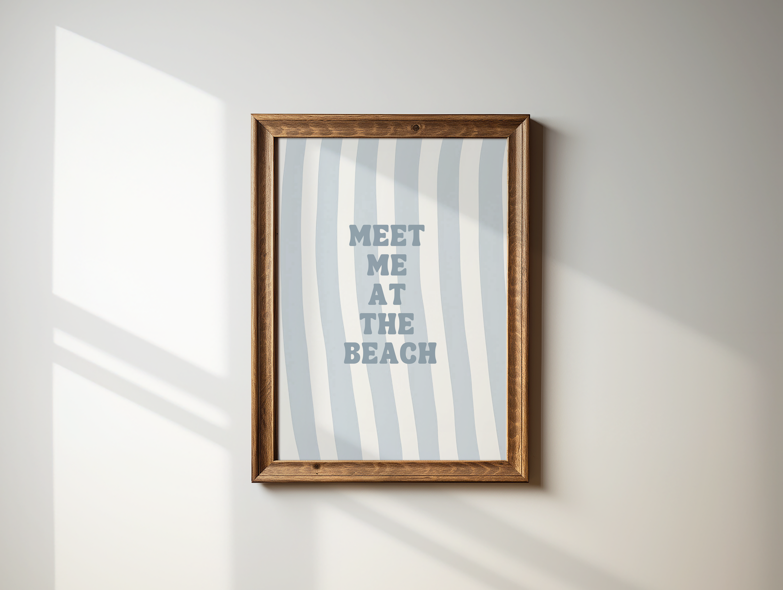 Meet Me at the Beach Wall Art | Canvas Art, Art Prints & Framed Canvas, blue white striped summer nautical beach typography canvas wall art, cottage beach house vacation home wall art prints, fun trendy minimal print