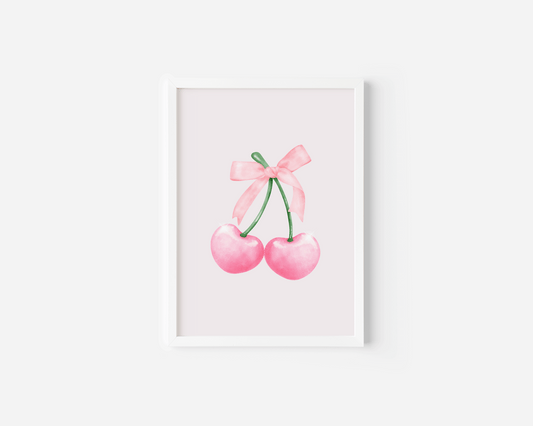 Cherry Bow Nursery Wall Art | Canvas Art, Art Prints & Framed Canvas, watercolor pink cherries coquette bow, newborn baby girl nursery bedroom play room dorm canvas wall art prints, set of 2, set of 3