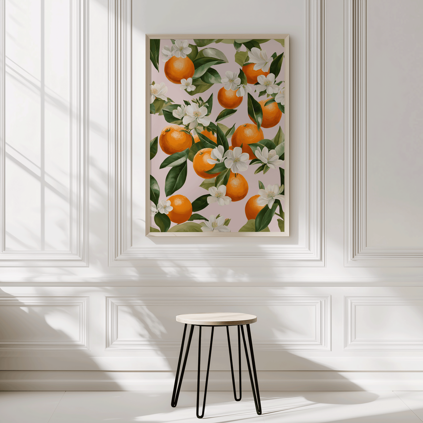 Oranges Wall Art Print | Canvas Art, Art Prints & Framed Canvas, watercolor orange fruit market mediterranean greece italy citrus canvas wall art poster print, oranges white flowers botanical green leaves collage with blush pink background, kitchen dining room restaurant dorm bar cart wall art