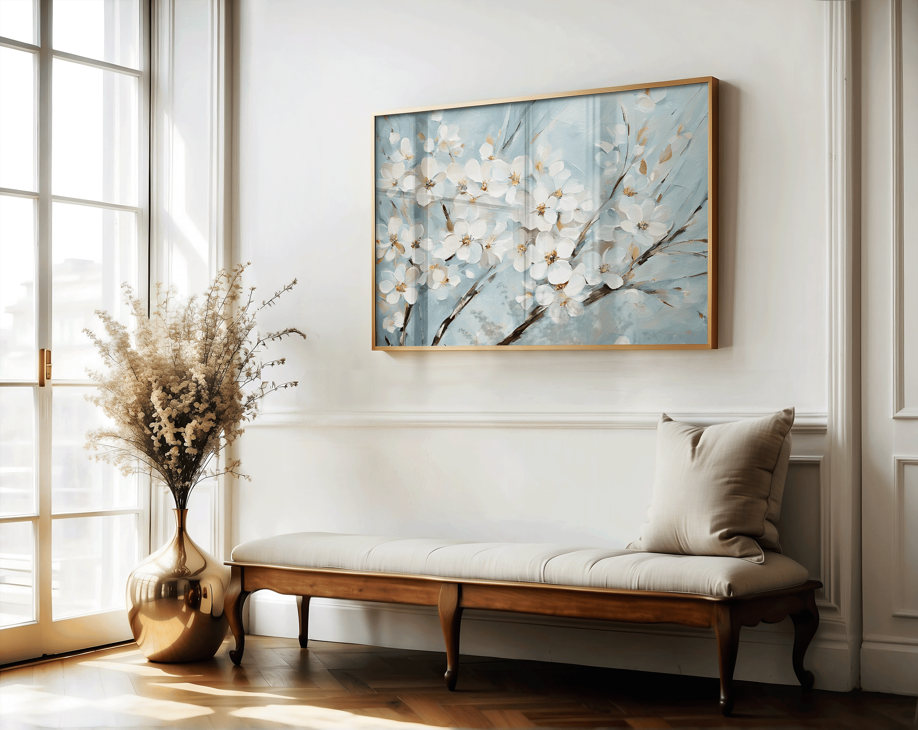 Cherry Blossom Canvas Wall Art | Canvas Art, Art Prints & Framed Canvas, white cherry blossom tree branch, white impasto abstract baby blue white, living room dining room bedroom hallway entry wall canvas wall art framed print