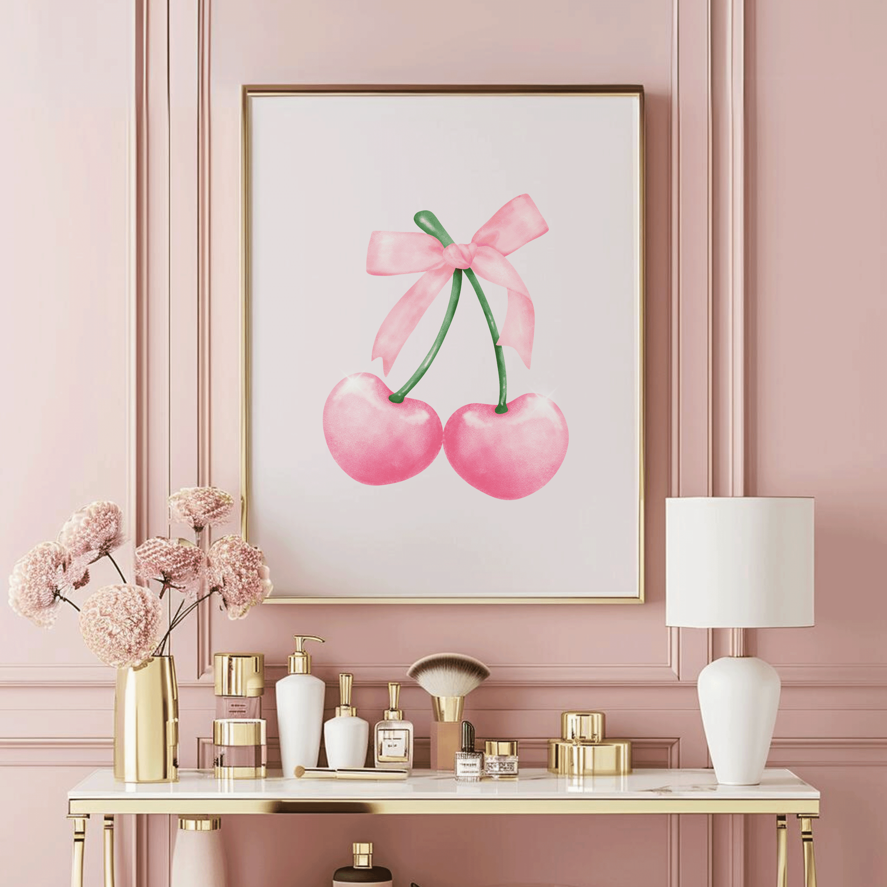 Cherry Bow Nursery Wall Art | Canvas Art, Art Prints & Framed Canvas, watercolor pink cherries coquette bow, newborn baby girl nursery bedroom play room dorm canvas wall art prints, set of 2, set of 3