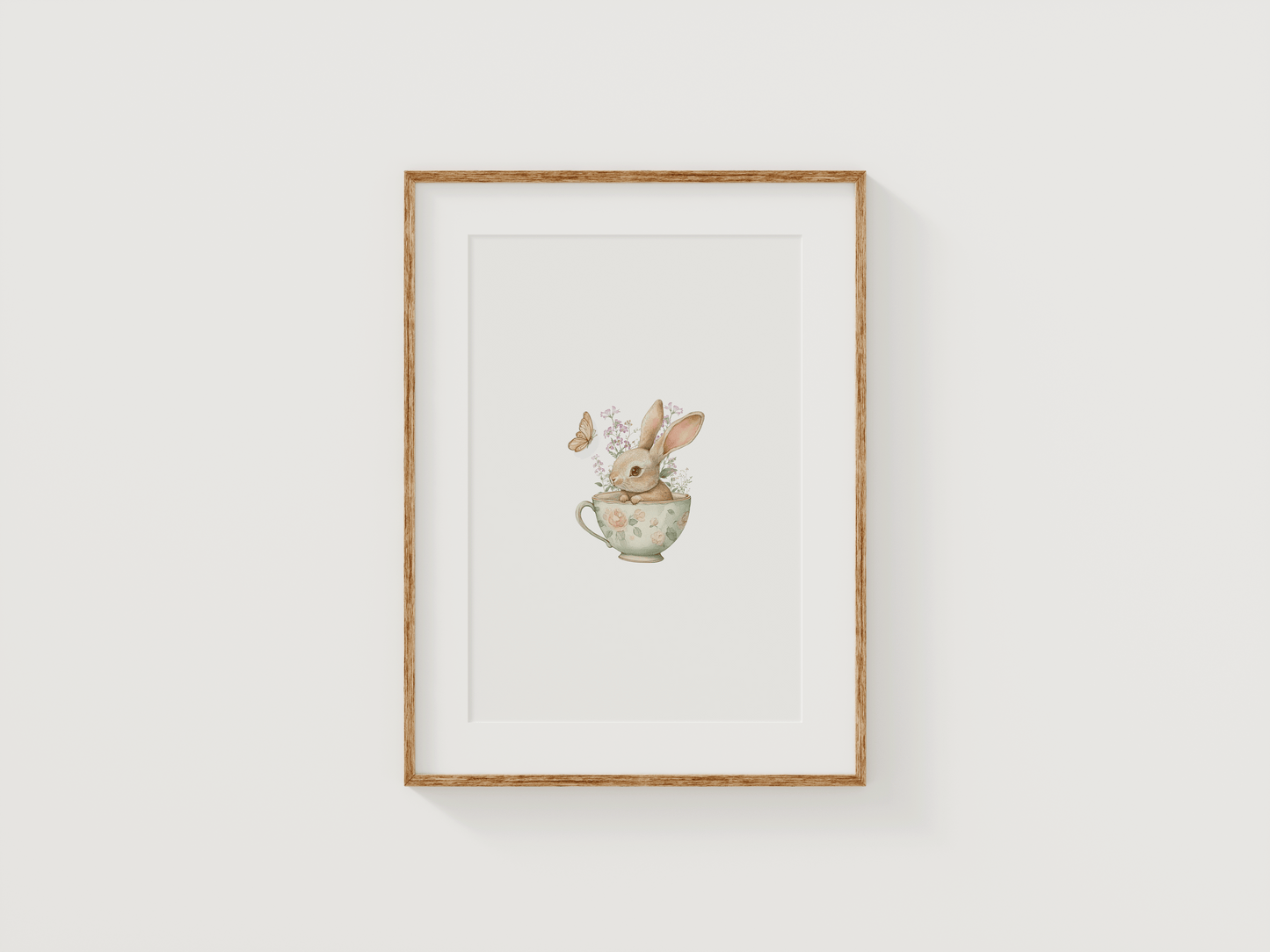 Bunny Nursery Art | Canvas Art, Art Prints & Framed Canvas, boho vintage bunny rabbit pink wildflowers butterfly poster print, toddler girl newborn kids baby bedroom nursery playroom canvas wall art framed, antique tea cup floral botanical print, white background, trendy chic easter baby shower gift, newborn baby gift idea, first birthday gift idea