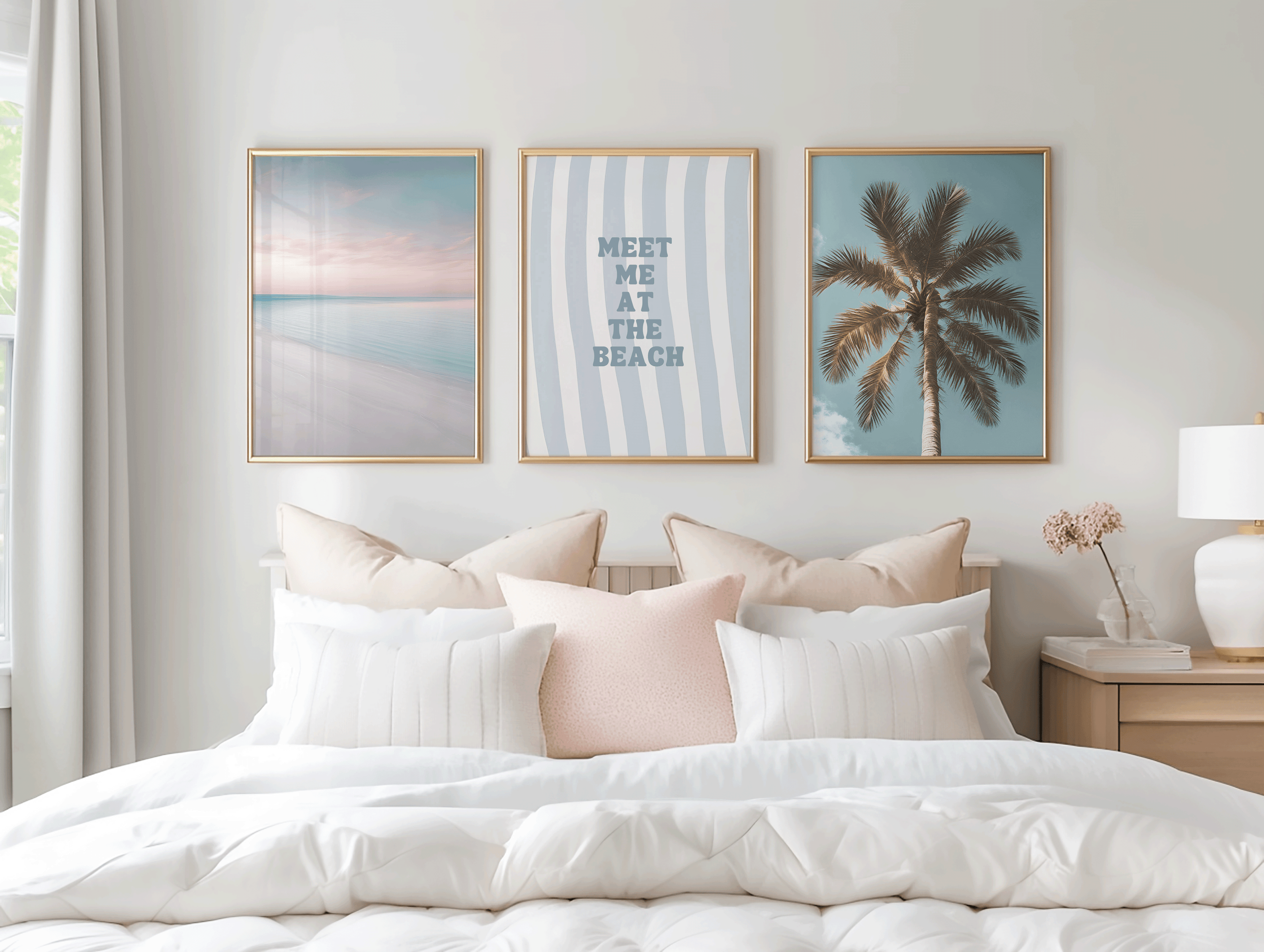 Meet Me at the Beach Wall Art | Canvas Art, Art Prints & Framed Canvas, blue white striped summer nautical beach typography canvas wall art, cottage beach house vacation home wall art prints, fun trendy minimal print