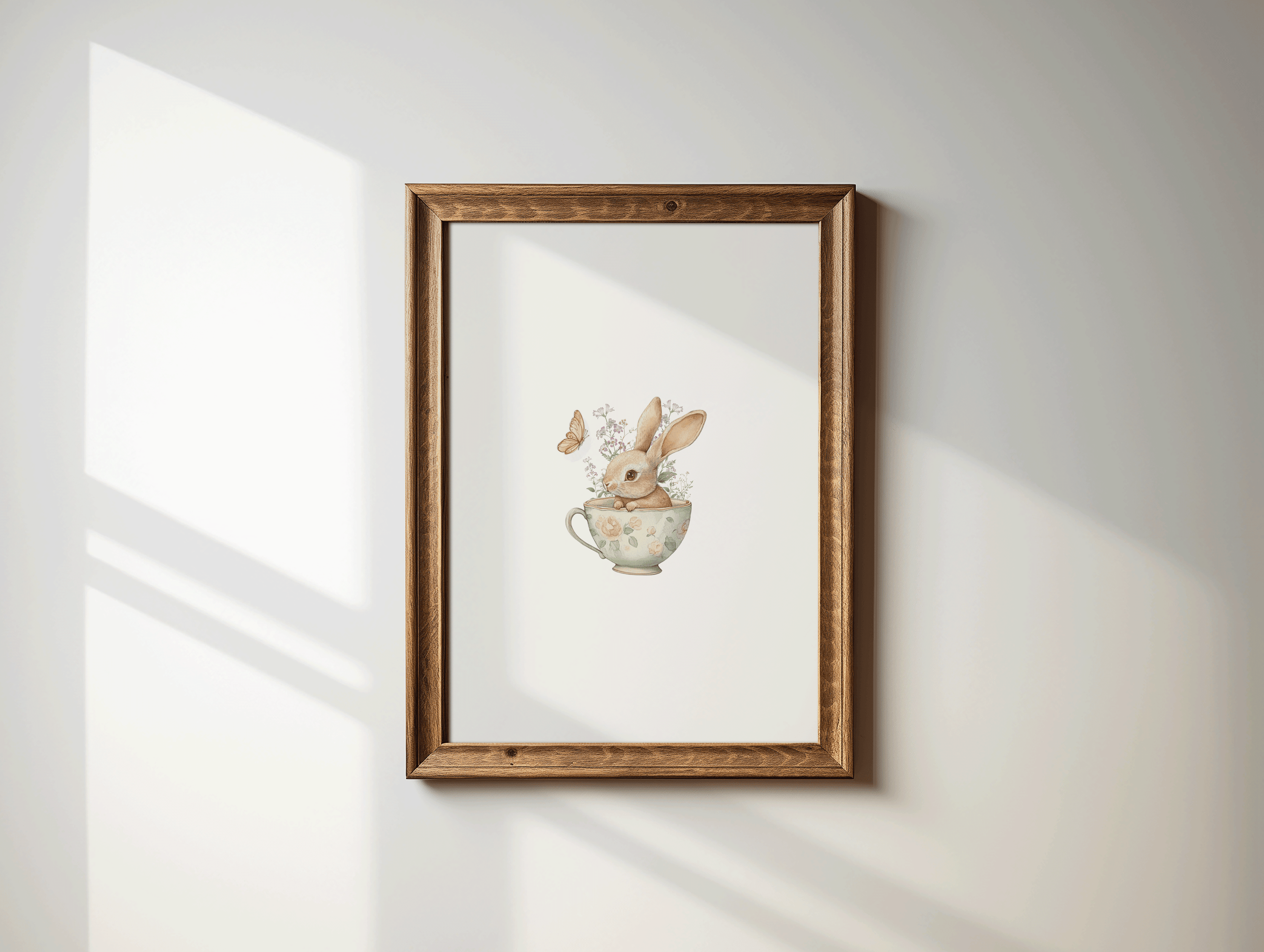 Bunny Nursery Art | Canvas Art, Art Prints & Framed Canvas, boho vintage bunny rabbit pink wildflowers butterfly poster print, toddler girl newborn kids baby bedroom nursery playroom canvas wall art framed, antique tea cup floral botanical print, white background, trendy chic easter baby shower gift, newborn baby gift idea, first birthday gift idea