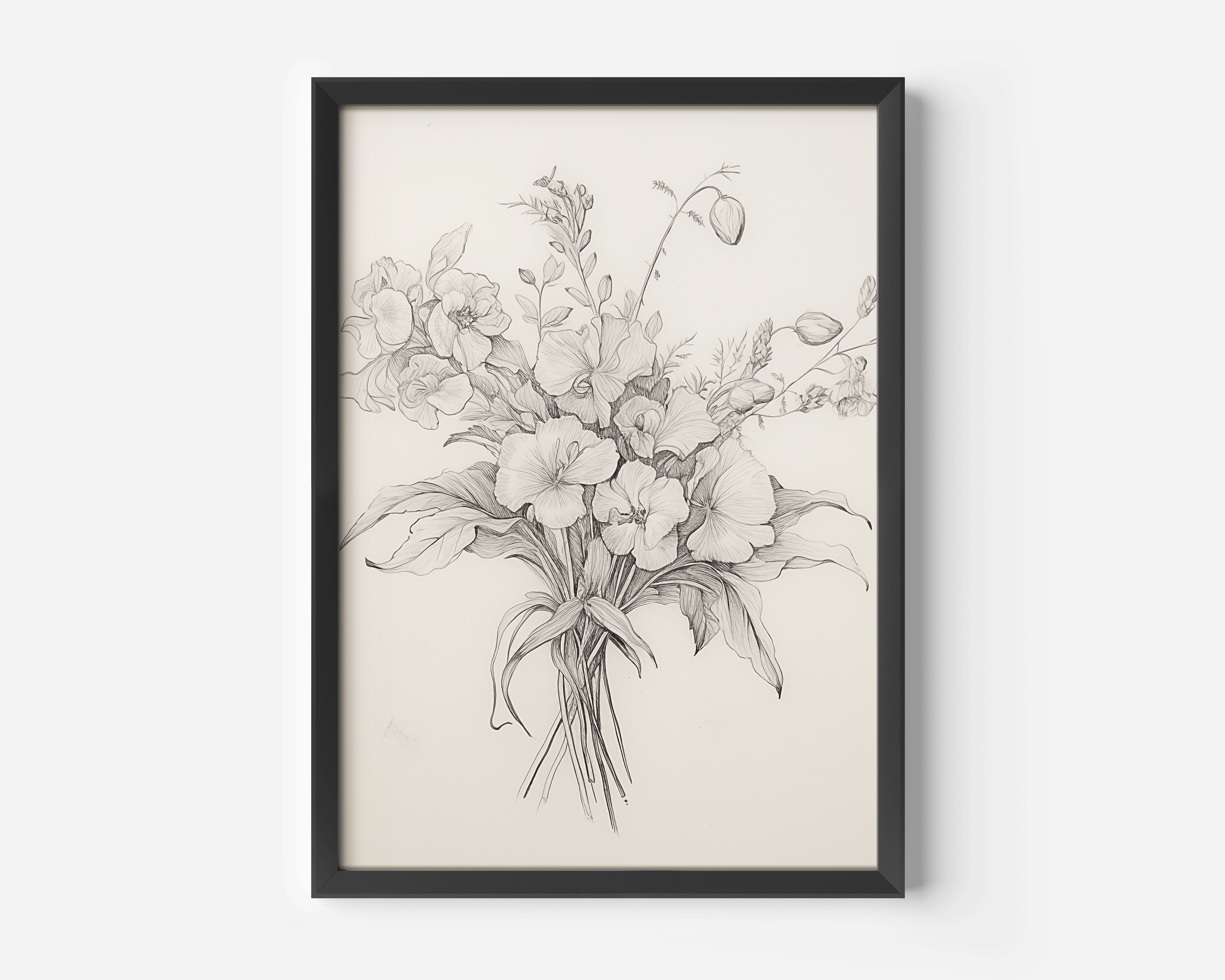 Vintage Flower Sketch Wall Art | Canvas Art, Art Prints & Framed Canvas, antique wildflower bouquet floral botanical sketch illustration poster print, beige white black brown, minimalist botanical canvas framed wall art 