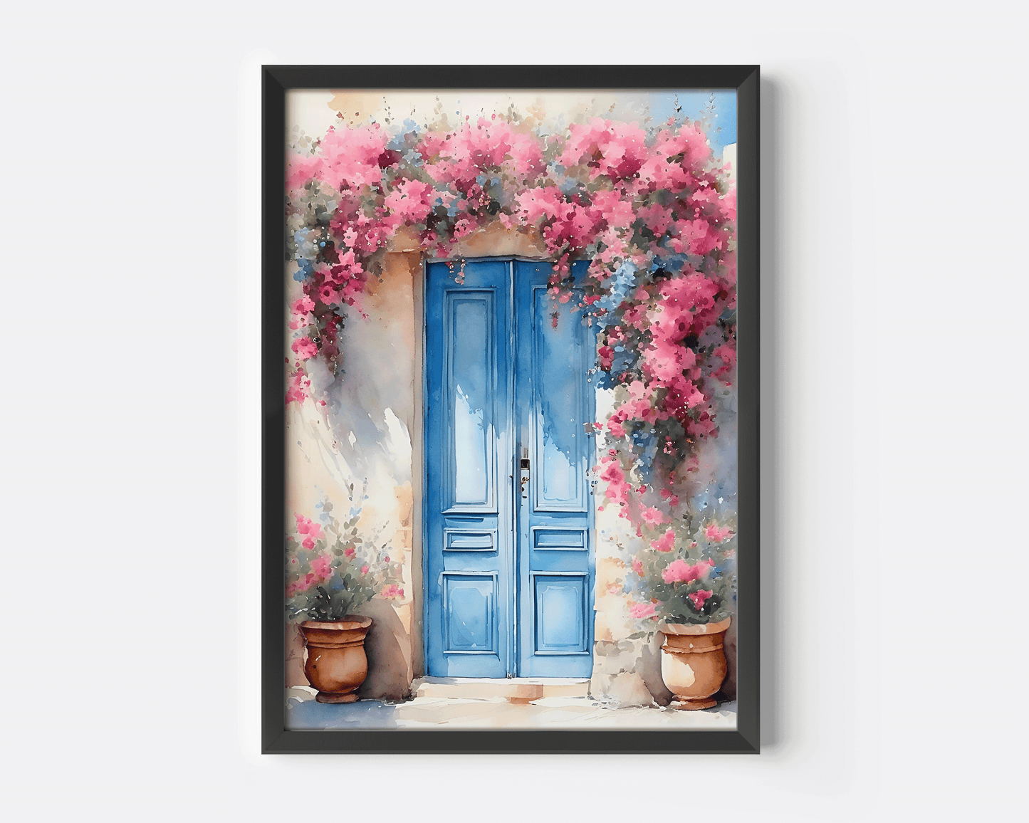 Blue Doors Pink Flowers Wall Art | Canvas Art, Art Prints & Framed Canvas, pink blooming bougainvillea flowers in Santorini, Greece, blue doors mediterranean, travel watercolor canvas wall art print, living room dining room bedroom cottage beach house prints