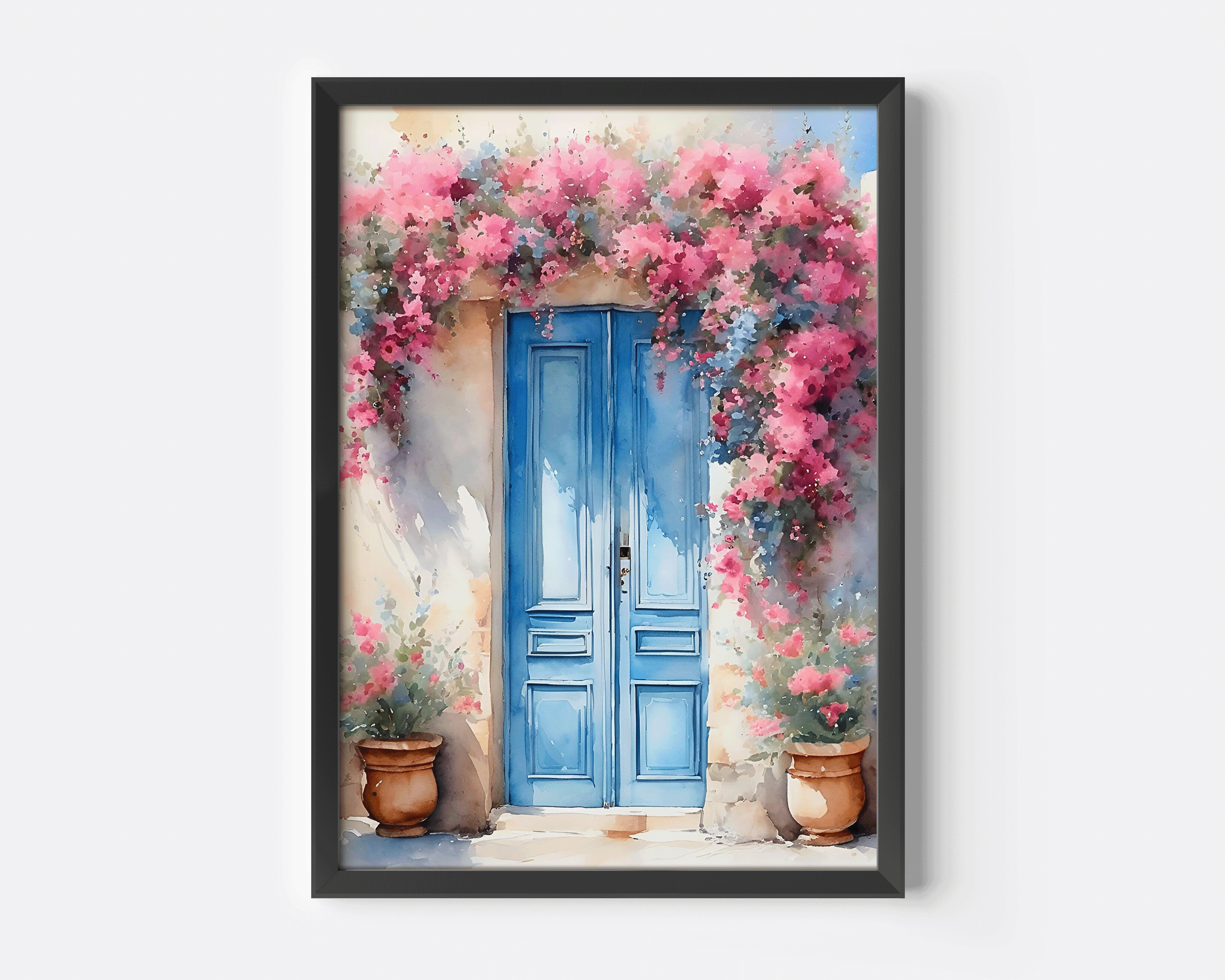 Blue Doors Pink Flowers Wall Art | Canvas Art, Art Prints & Framed Canvas, pink blooming bougainvillea flowers in Santorini, Greece, blue doors mediterranean, travel watercolor canvas wall art print, living room dining room bedroom cottage beach house prints