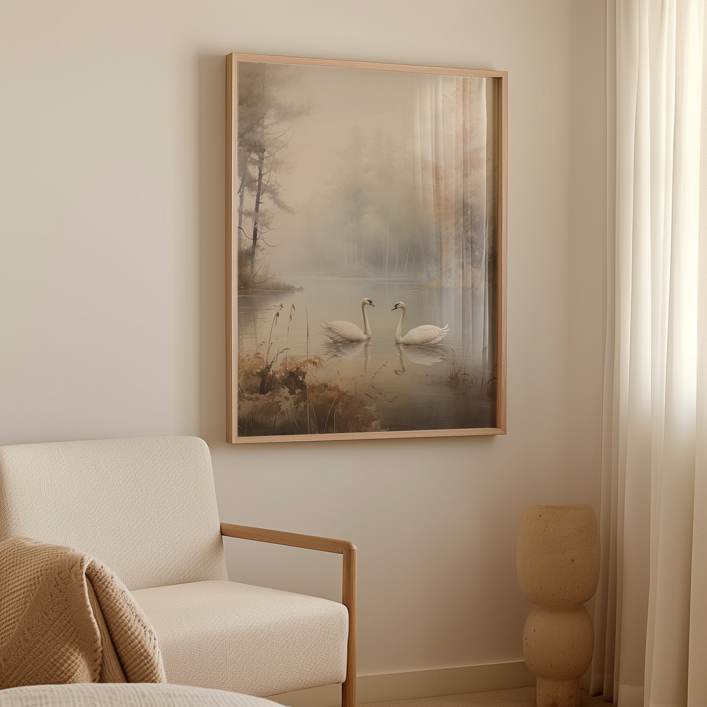 Vintage Lake Landscape Wall Art | Canvas Art, Art Prints & Framed Canvas, cottage core country farmhouse, white swans, misty foggy trees wildflowers nature antique canvas wall art for living room, bedroom, hallway