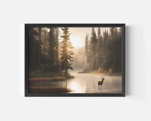 Serene framed canvas wall art print of a deer standing in a misty lake surrounded by tall pine trees at sunrise – peaceful forest nature decor. living room wall art 
