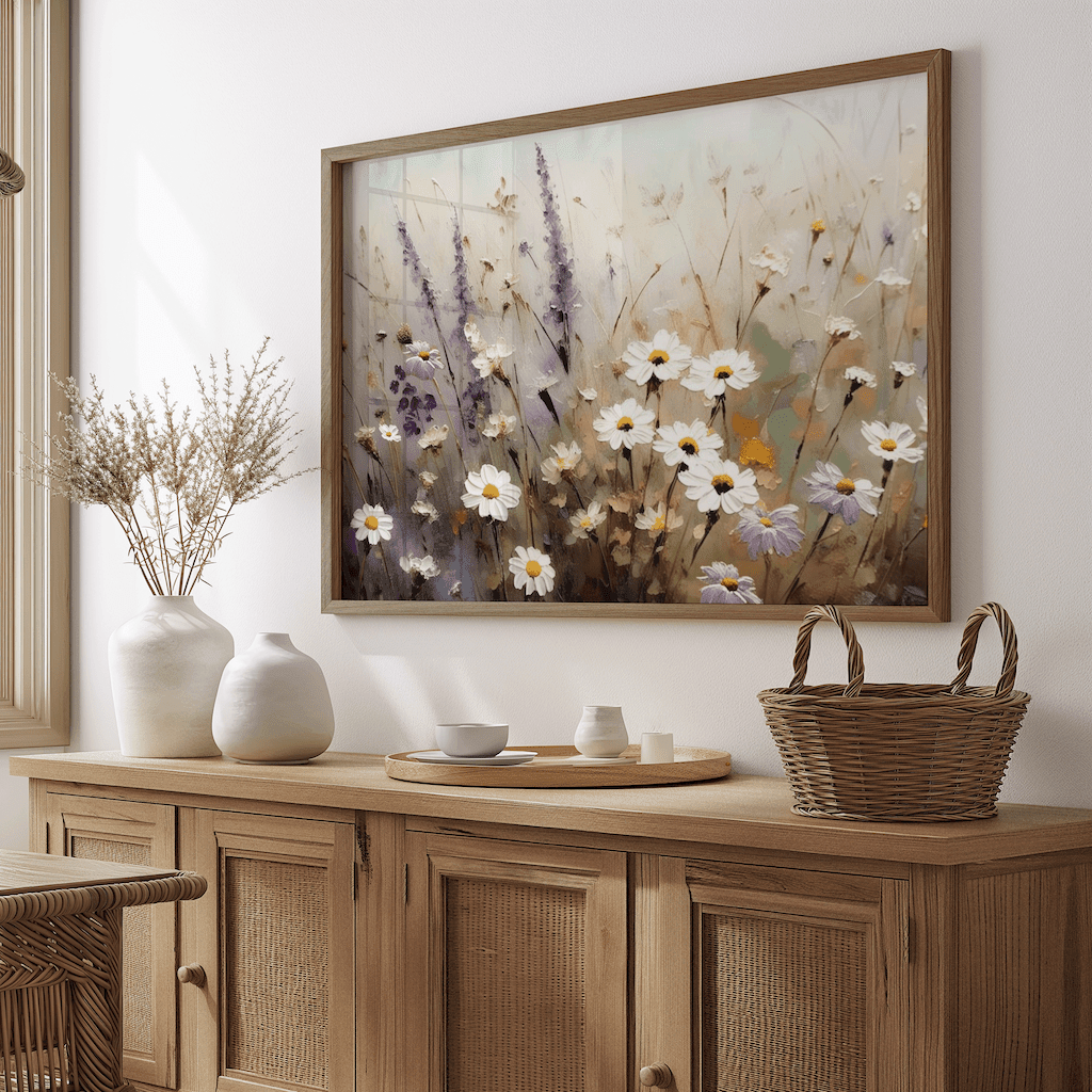 Framed canvas wildflower wall art with white daisies and purple lavender blooms styled above a dining room wooden sideboard and framed with a natural wood frame. A neutral, muted nature landscape print perfect for any modern interior with farmhouse aesthetic.