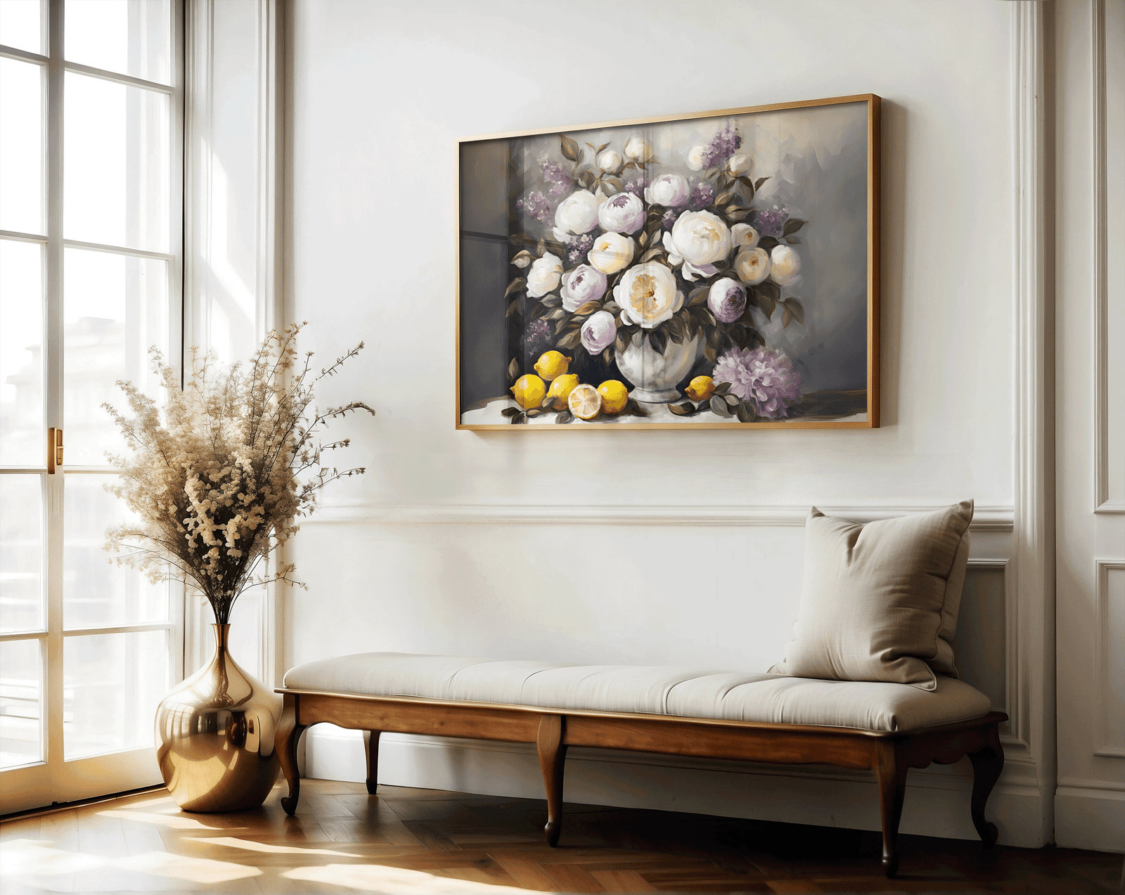 An impressionist style of oil painting with white and purple peonies in a vase with yellow lemons.  Peony floral wall art with displaYed in bright hallway above bench, large window and plant decor
