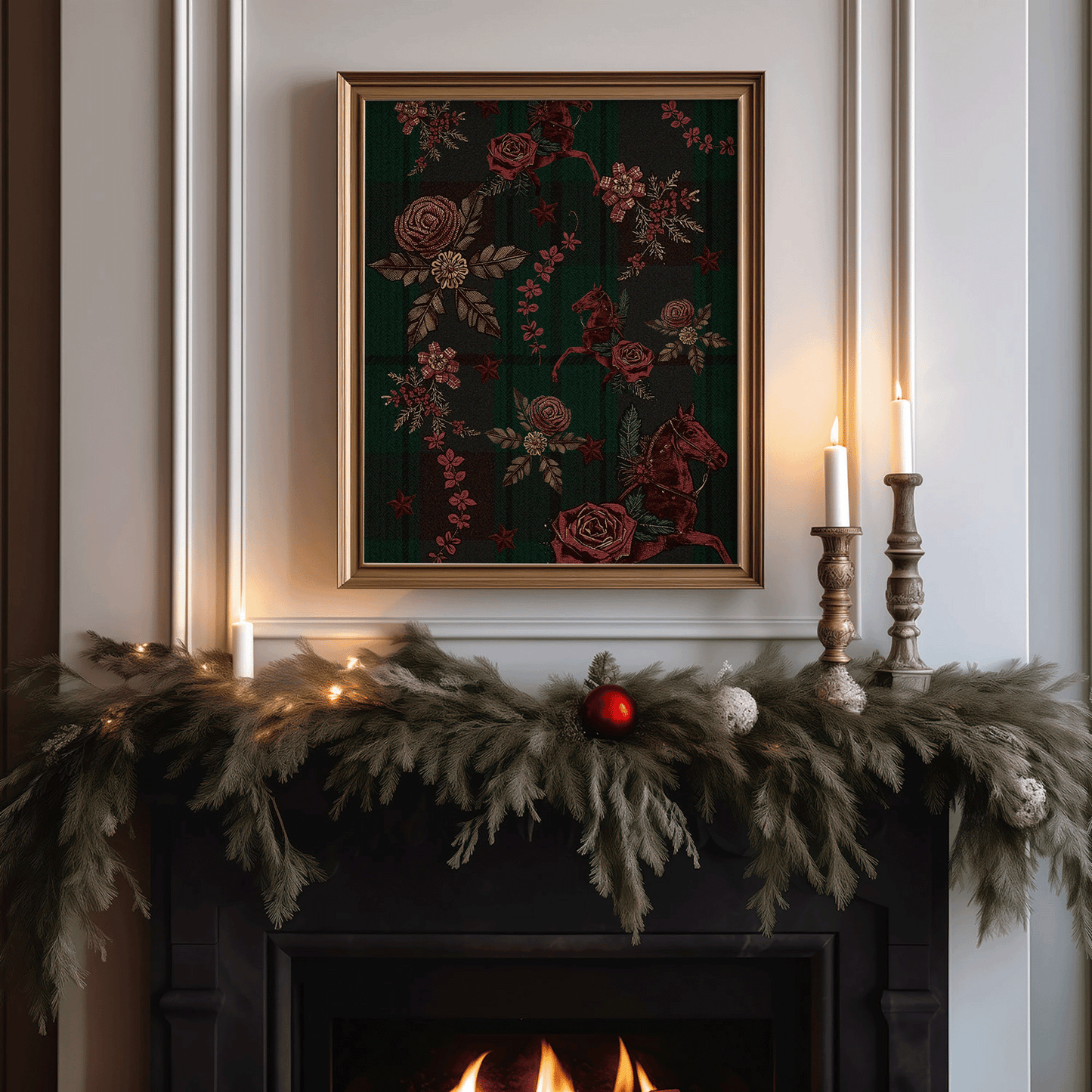 Ralph Lauren Christmas tartan plaid wall art with vintage red horses and heritage floral details hanging above a cozy fireplace mantel decorated with evergreen garland, candles, and classic red and green holiday décor