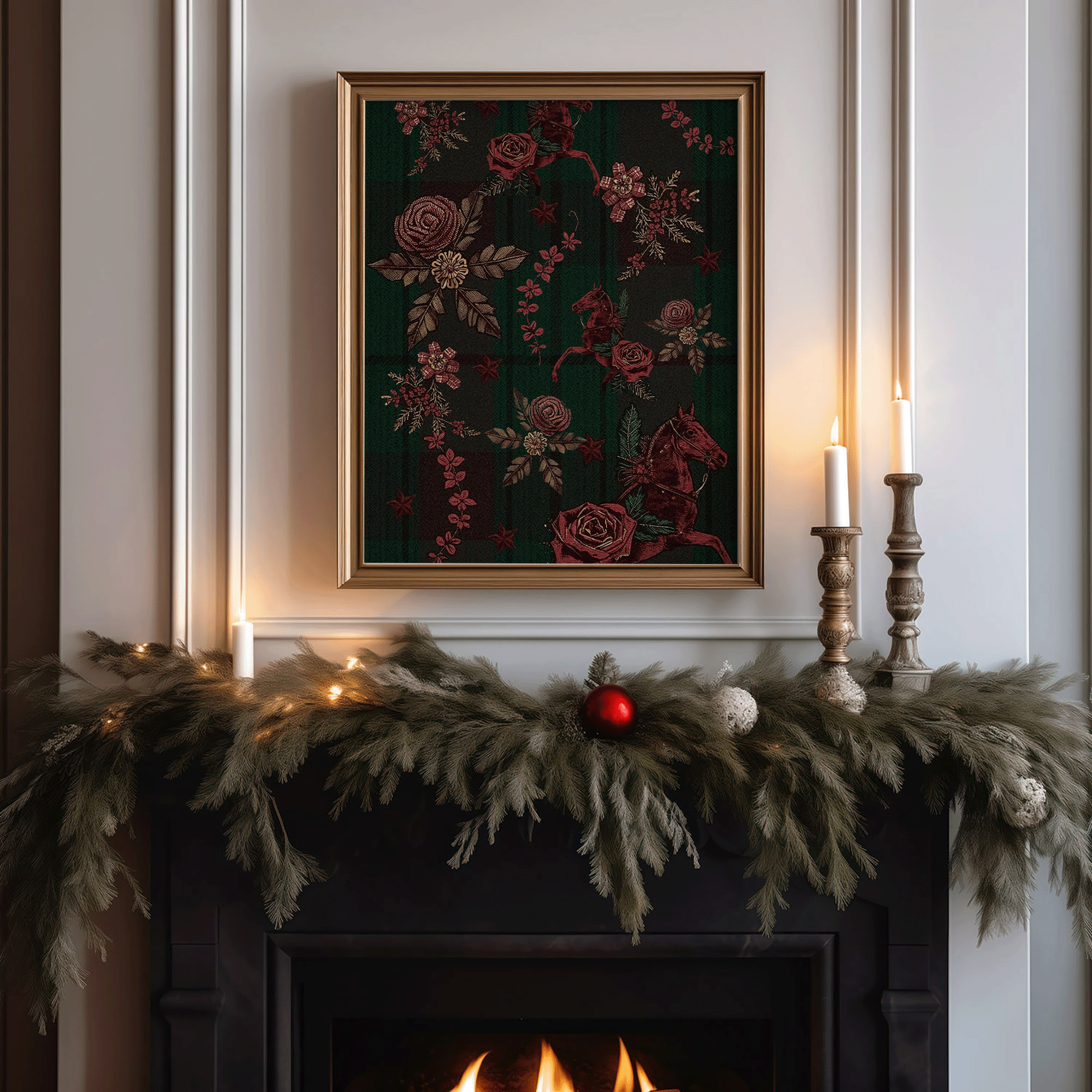 Ralph Lauren Christmas tartan plaid wall art with vintage red horses and heritage floral details hanging above a cozy fireplace mantel decorated with evergreen garland, candles, and classic red and green holiday décor