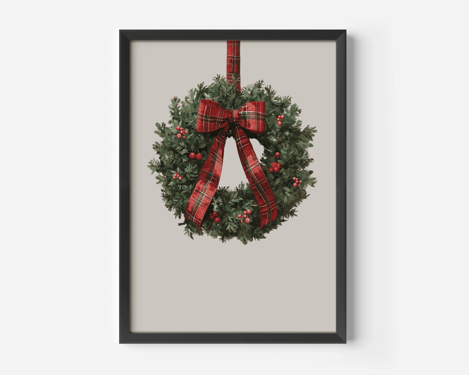 Traditional Ralph Lauren holiday wreath wall art with black frame, red tartan ribbon, sophisticated Christmas wall decor