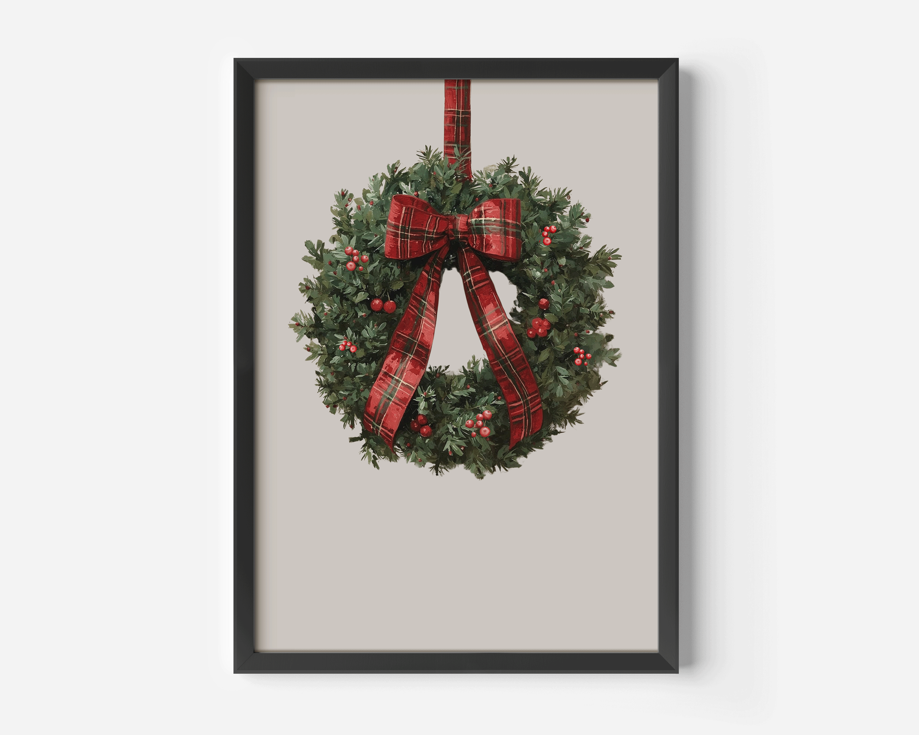 Traditional Ralph Lauren holiday wreath wall art with black frame, red tartan ribbon, sophisticated Christmas wall decor