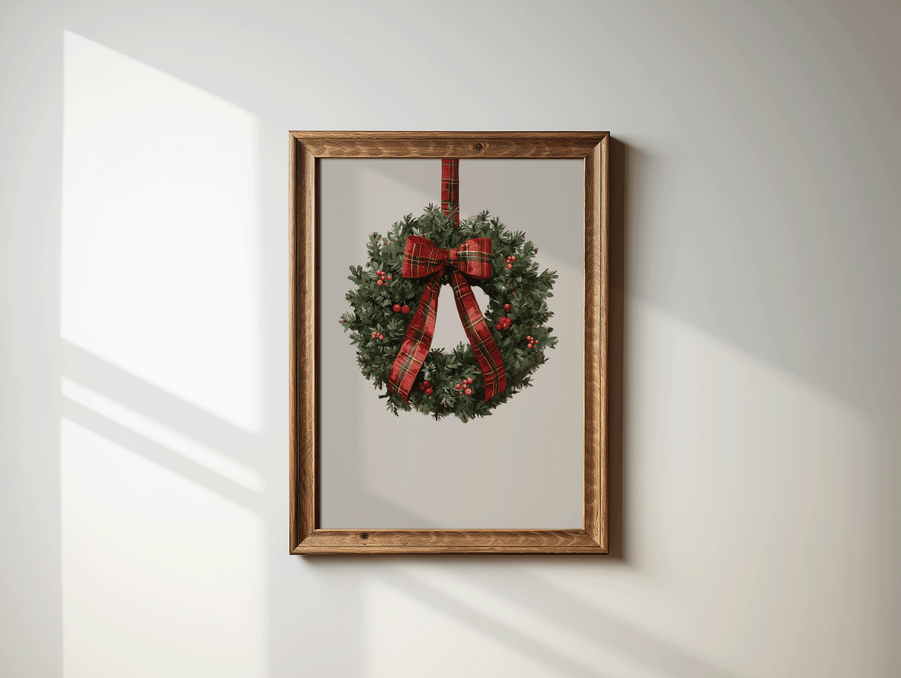 Classic Ralph Lauren green and red Christmas wreath wall art with a brown wooden frame, luxury Christmas wall art for elegant seasonal decor