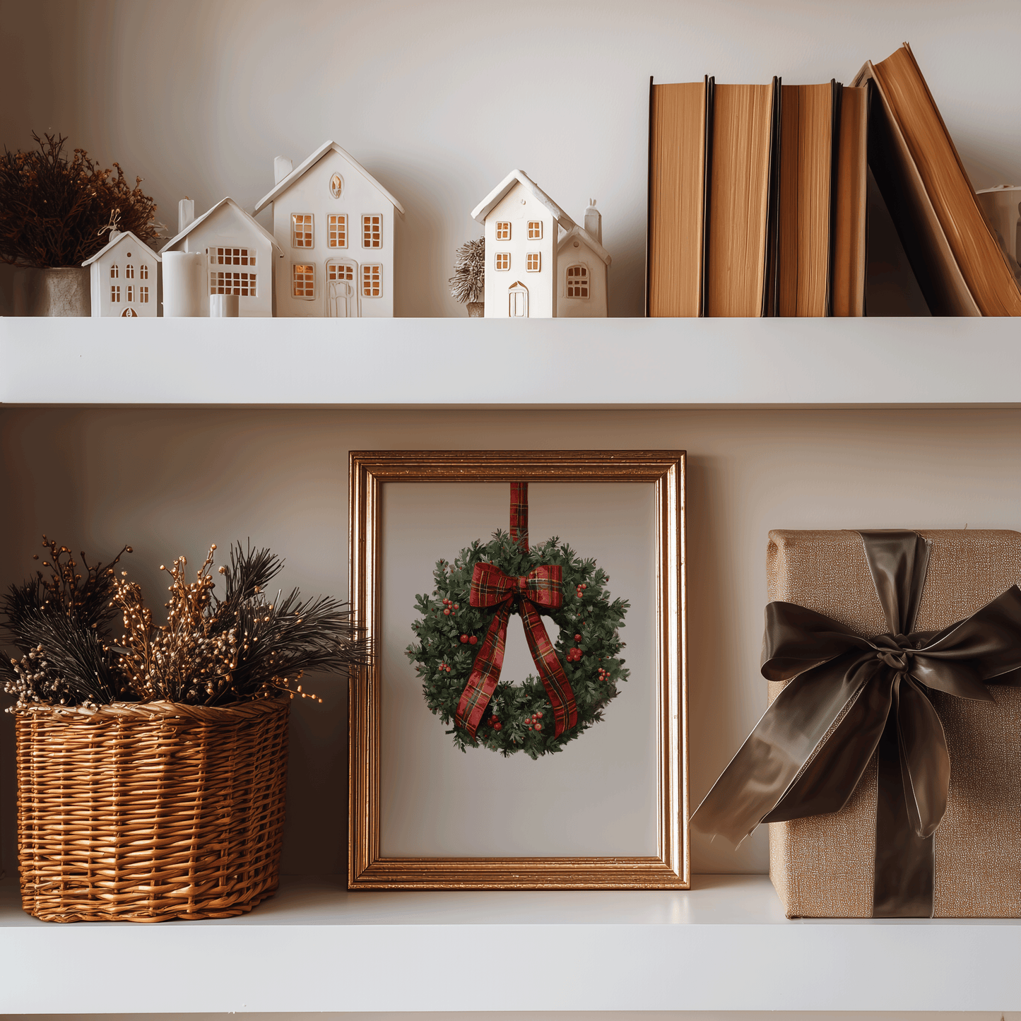 Ralph Lauren-inspired Christmas wreath wall art with tartan ribbon on holiday shelf decor, elegant red and green Christmas wall art print