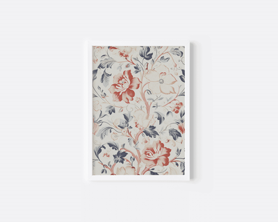 Red and blue vintage floral print with roses and peonies on cream in a white frame