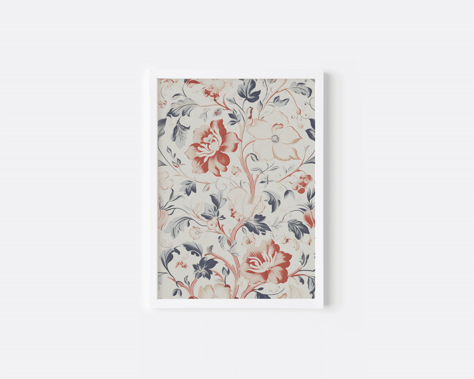 Red and blue vintage floral print with roses and peonies on cream in a white frame