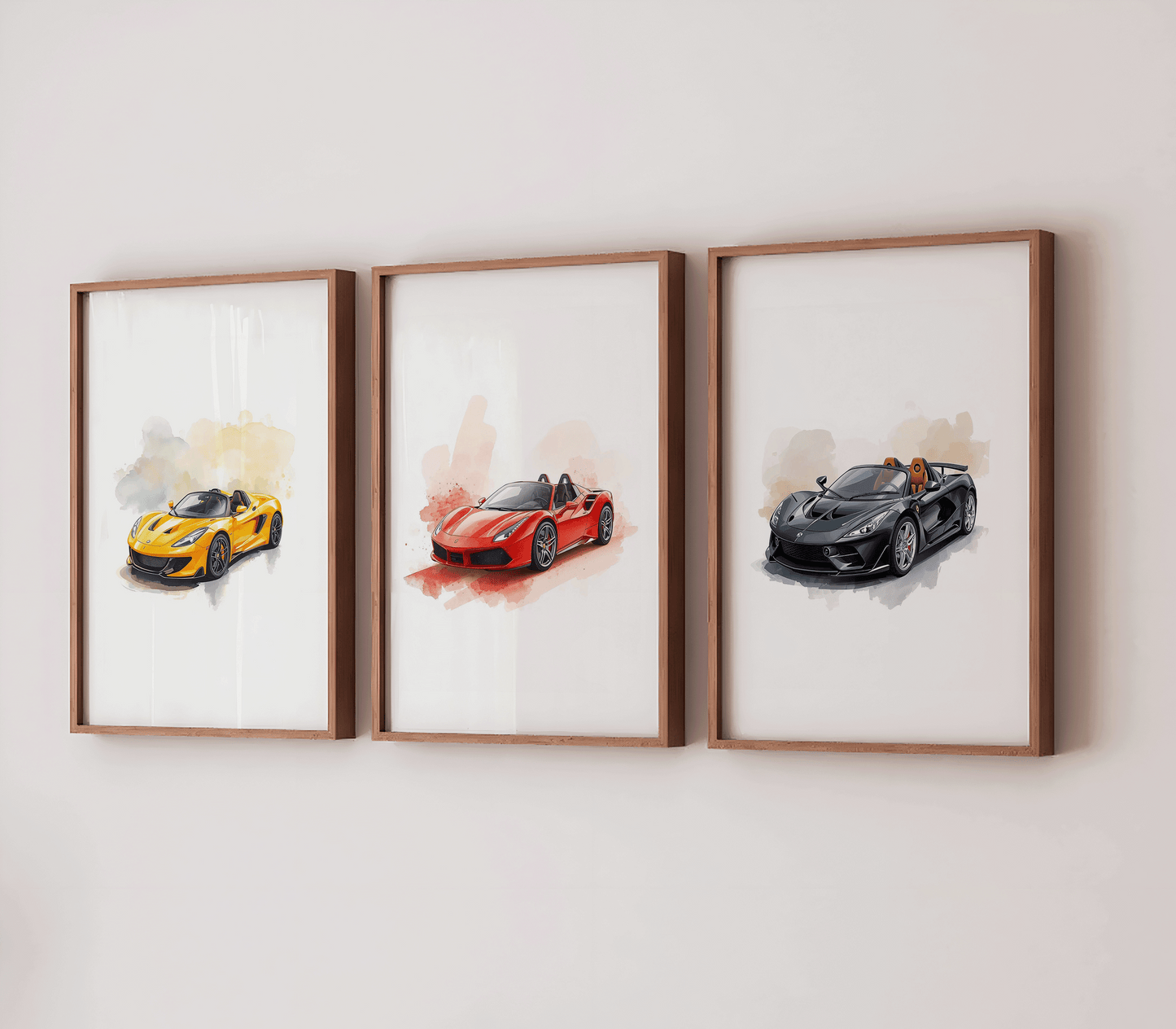 Close-up view of three framed watercolor kids sports car illustrations arranged side by side, showcasing detailed headlights, glossy hood reflections, animated watercolor splashes, and playful color gradients; perfect for car-loving kids and inspired by hot wheels car wall art