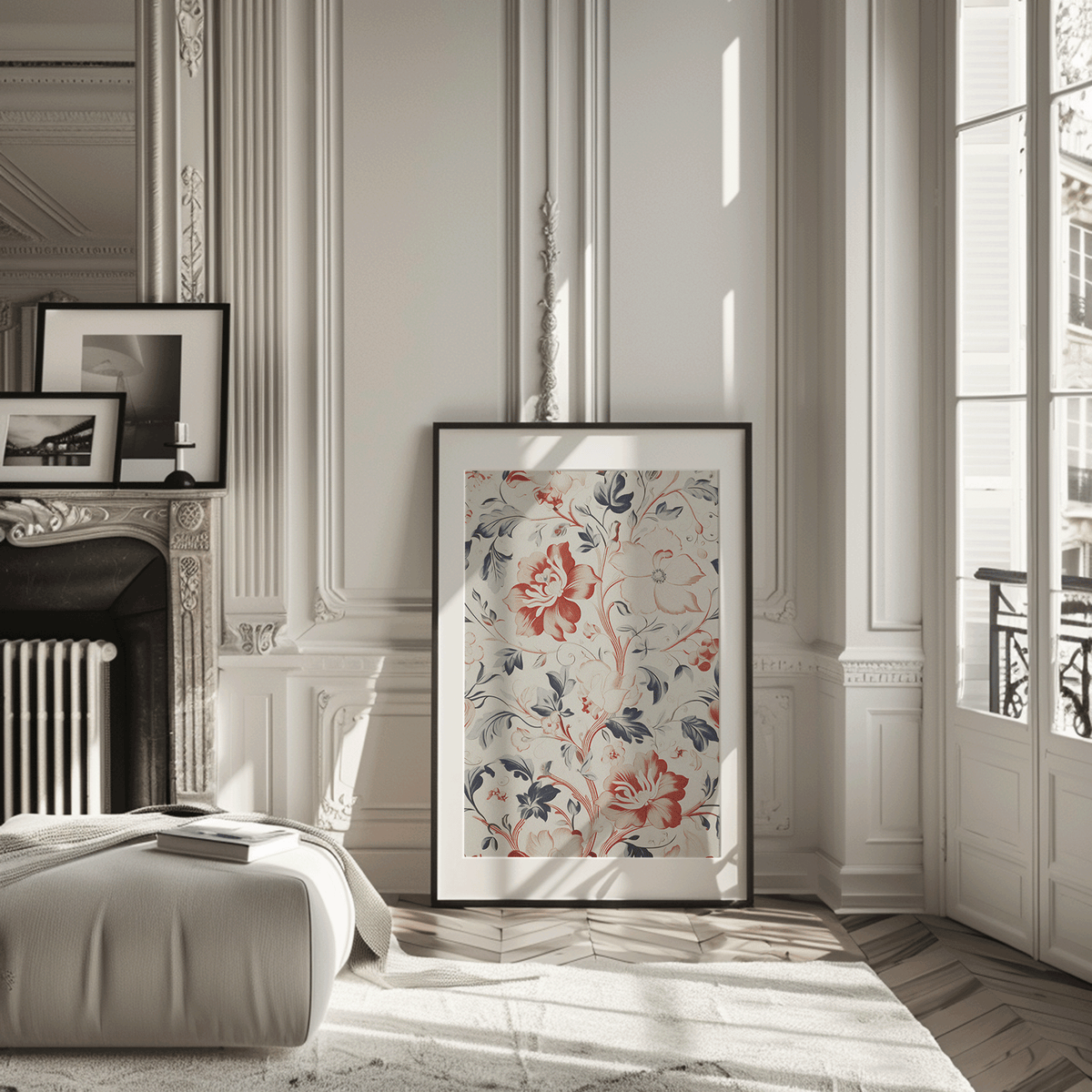 Red and blue floral wall art in a black frame in a Parisian-style room with a fireplace and tall windows