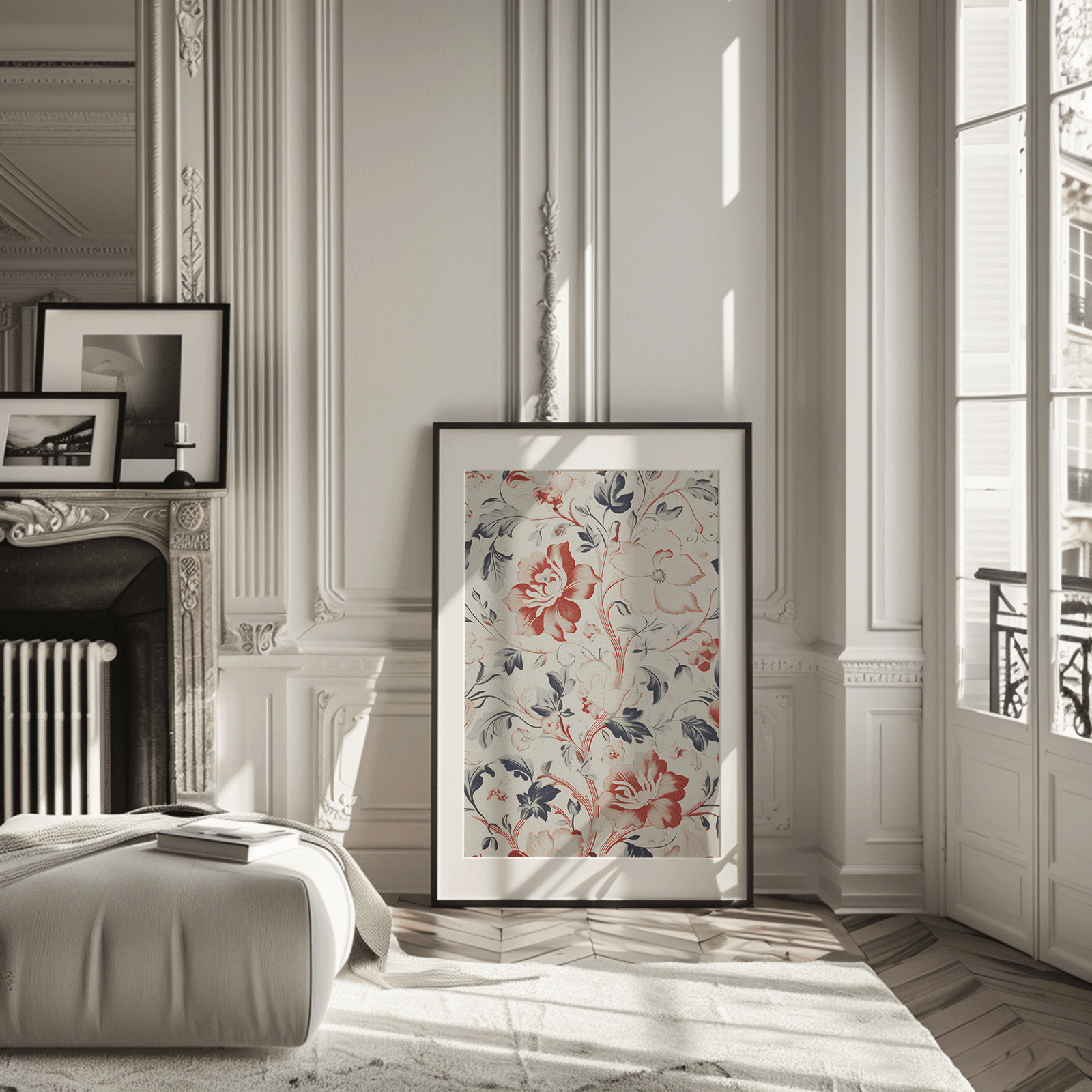 Red and blue floral wall art in a black frame in a Parisian-style room with a fireplace and tall windows