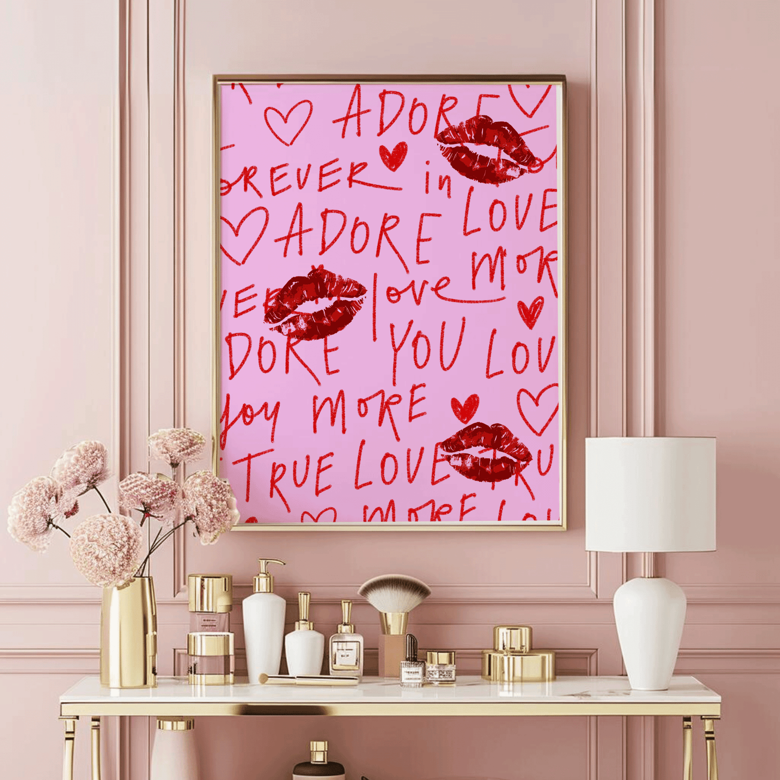 Red Lips and Love Words Wall Art – Pink and Red Romantic Print | Canvas Art, Art Prints & Framed Canvas - Buy Wall Art