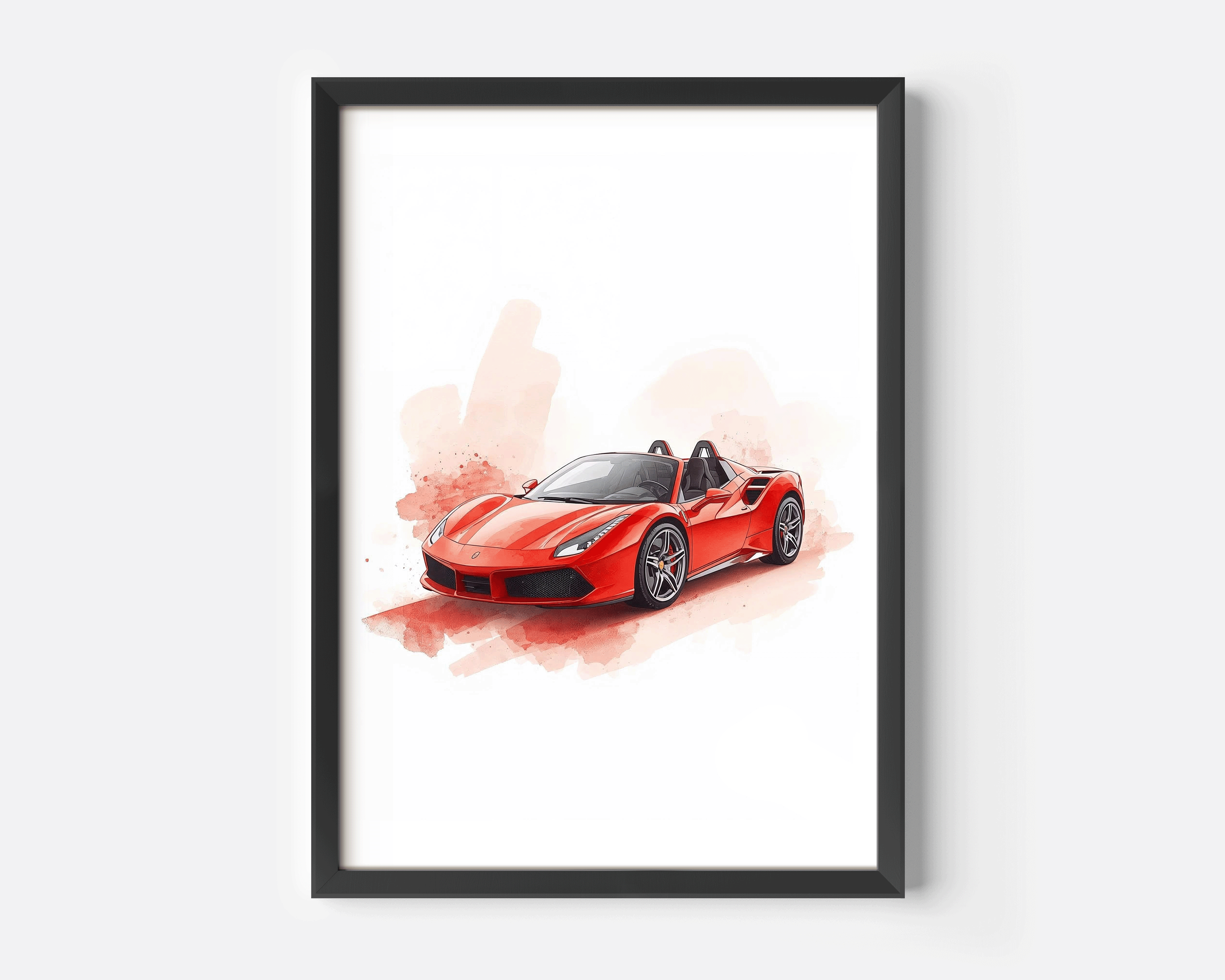 Studio product image of a red watercolor sports car artwork inside a slim black frame, showing a children’s race car with curved lines, bright reflections, watercolor splatter effects, and soft pastel background hues; subtle nod to hot wheels car wall art aesthetics