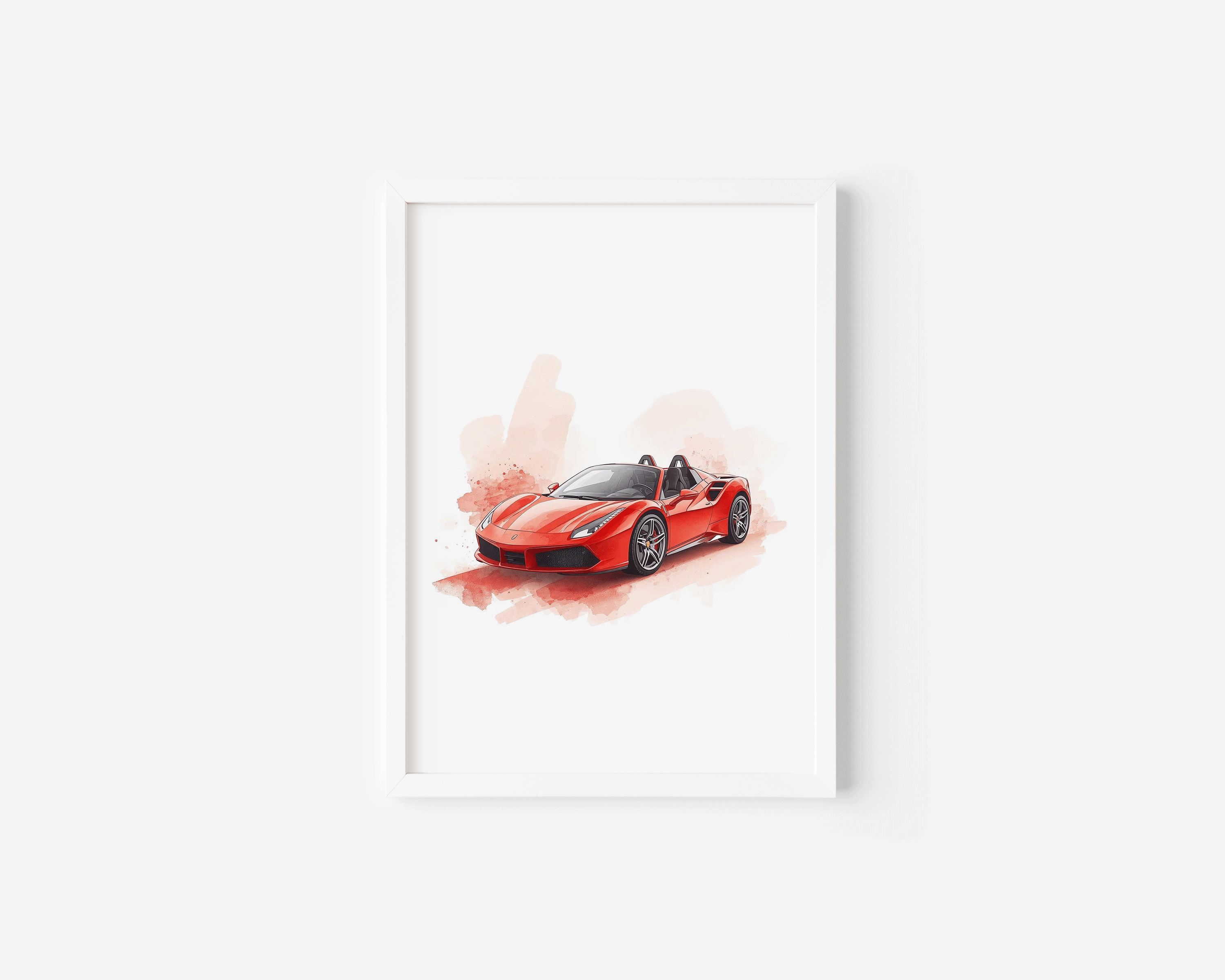 Minimal white-framed product photo of a red kids sports car watercolor painting with soft pink and peach brushstrokes, detailed front grille, and cartoon-friendly proportions; ideal for boys bedrooms and fans of hot wheels car wall art